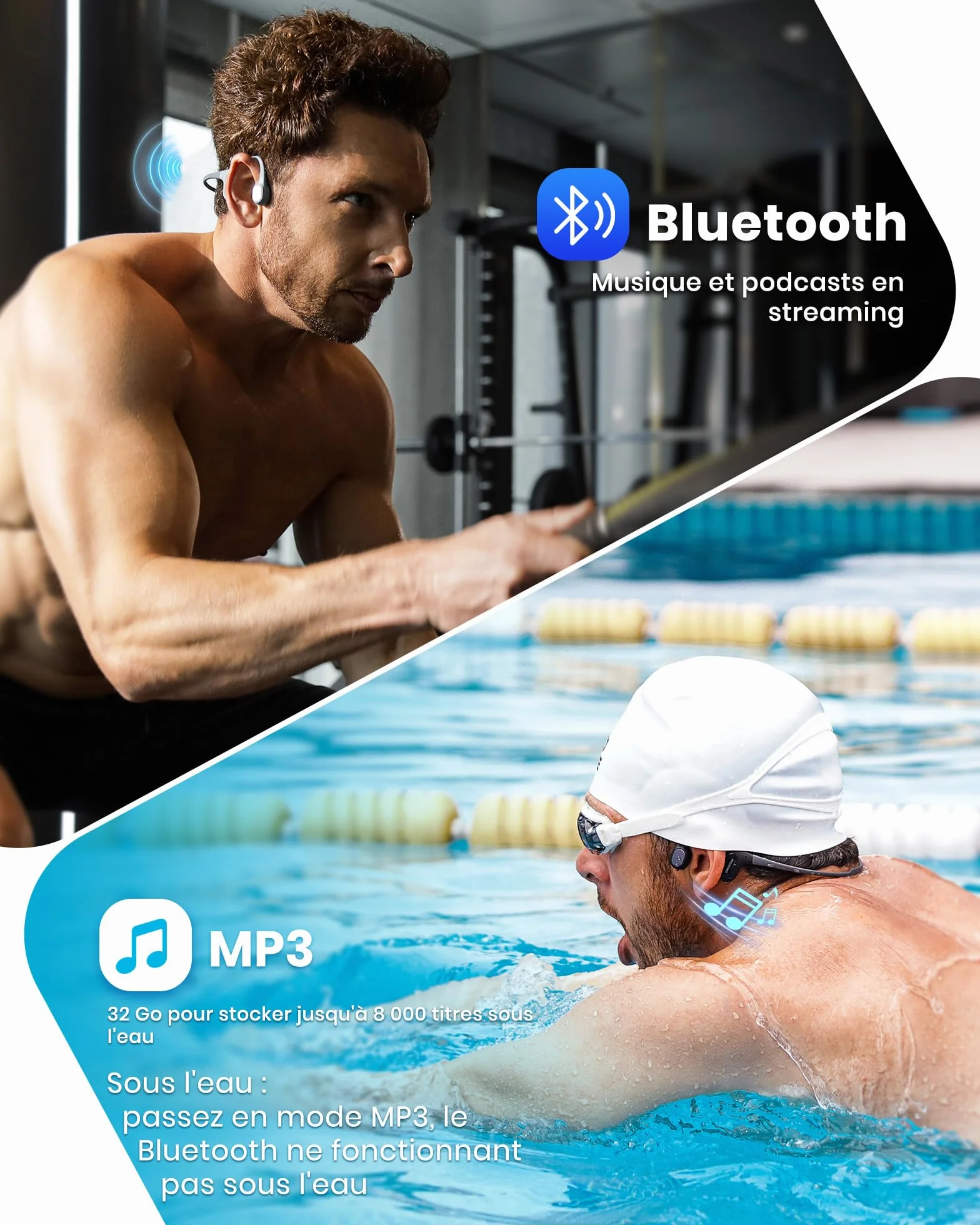 Mojawa Run Plus Casque à Conduction Osseuse Natation IP68 Écouteurs MP3 32 Go Bluetooth 5.2 Gris