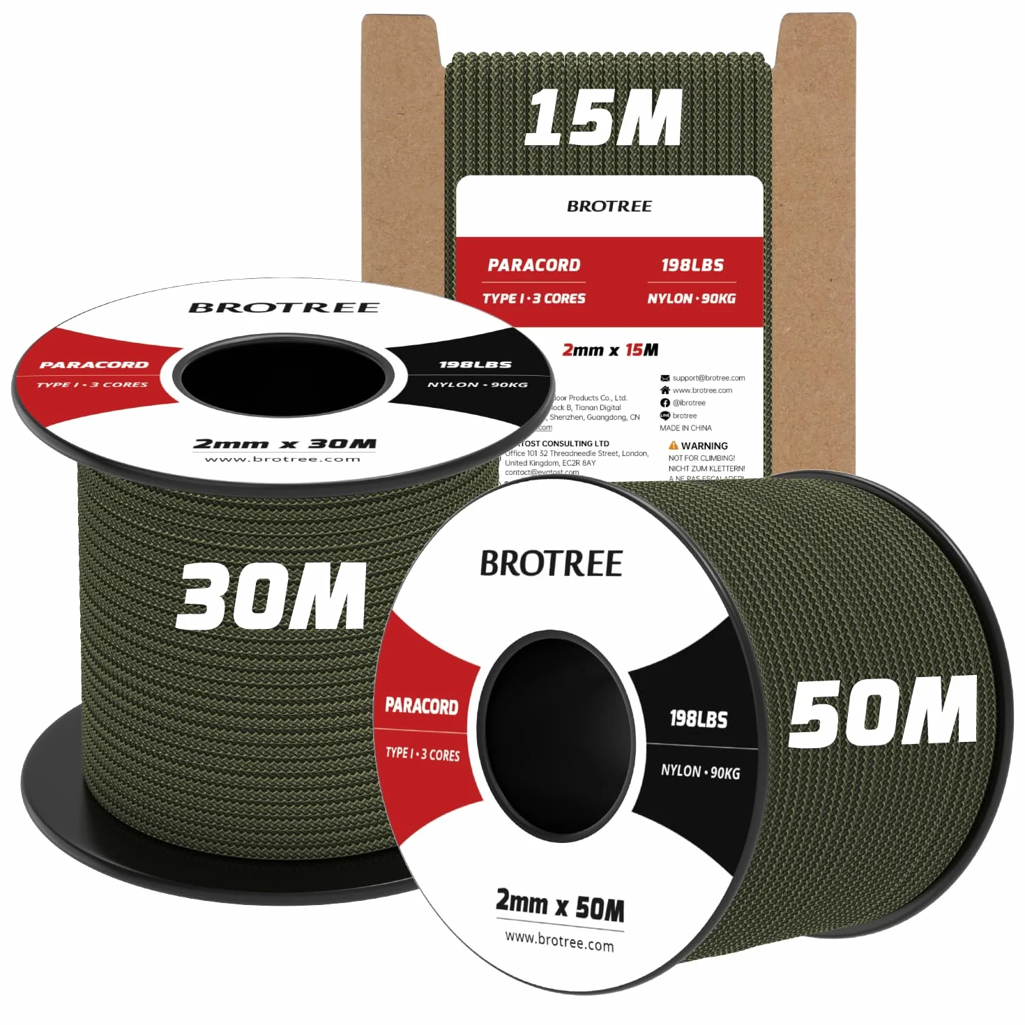 Brotree Paracorde 2mm 100% Nylon 3 Brins Type I 90 kg Charge de Rupture pour Extérieur