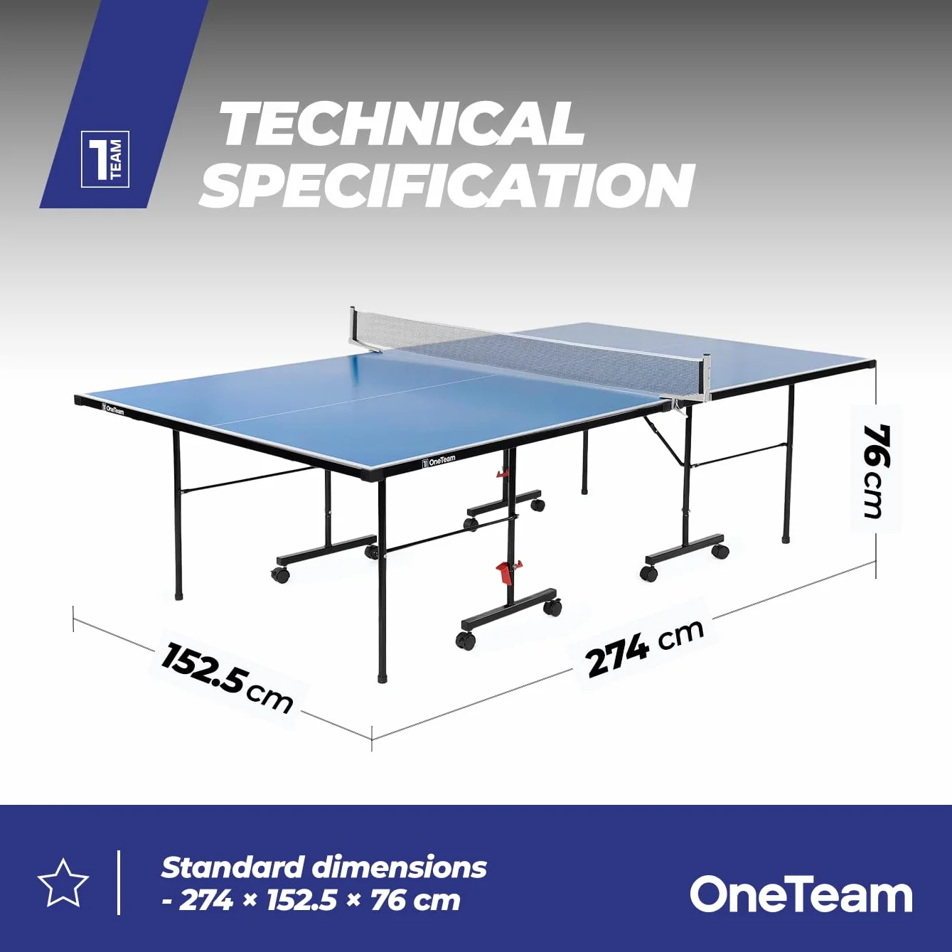 OneTeam Stół do Ping Ponga 274x152.5x76 cm na Zewnątrz z Siatką Składany z Kołami Blokada Niebieski