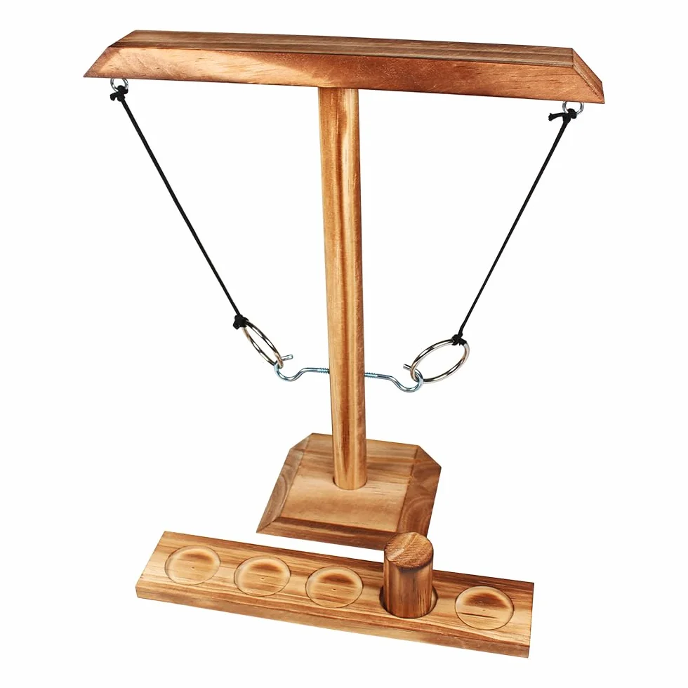 Jeu d'adresse en bois Ring Toss - Machine à lancer à anneaux suspendue - Duels pour fête - Intérieur et extérieur - Enfants et adultes