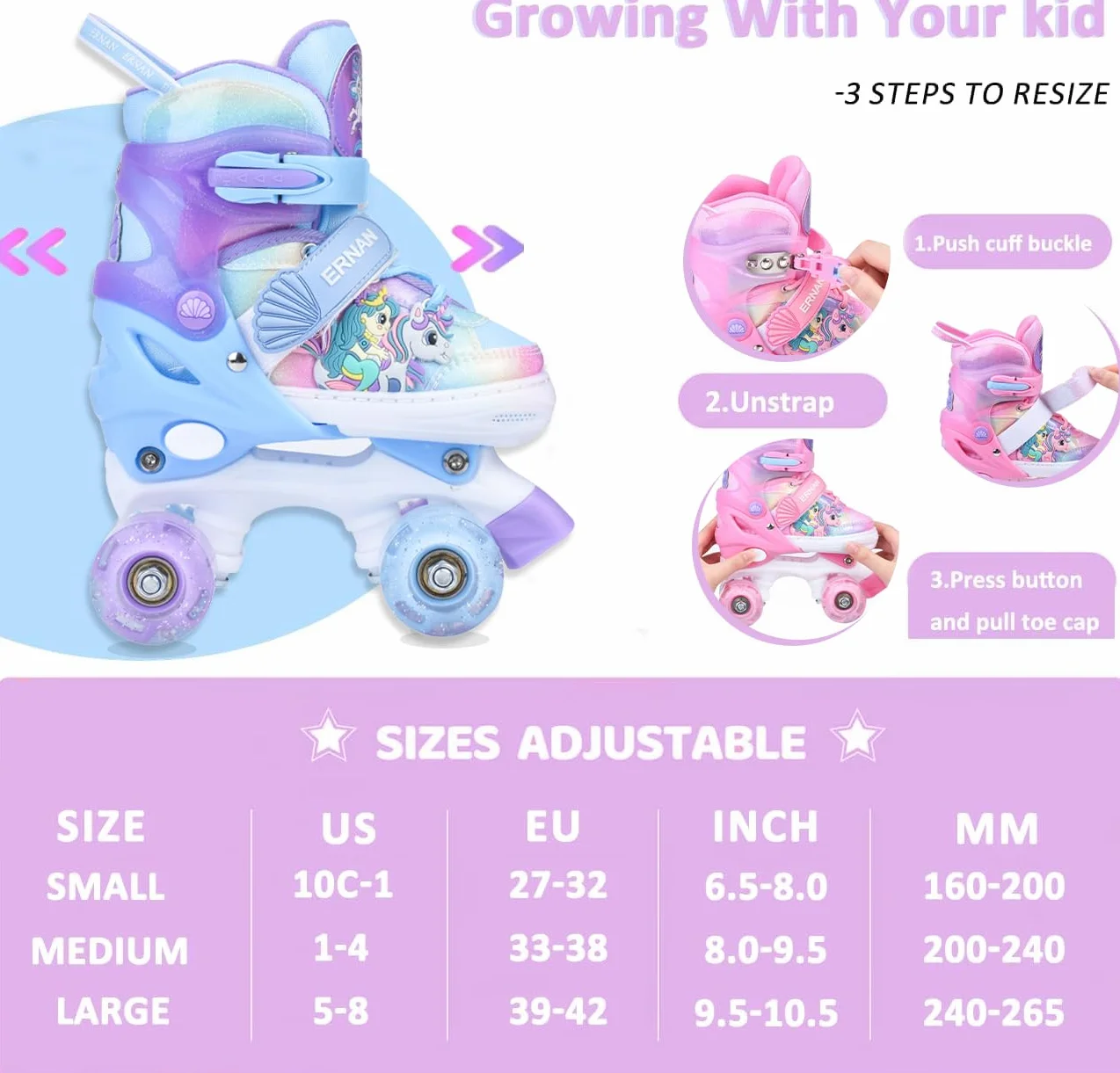 ERNAN Roller Enfant Filles Garçons Patin à Roulettes 4 Taille Réglable 8 Roues Lumineuses Débutants