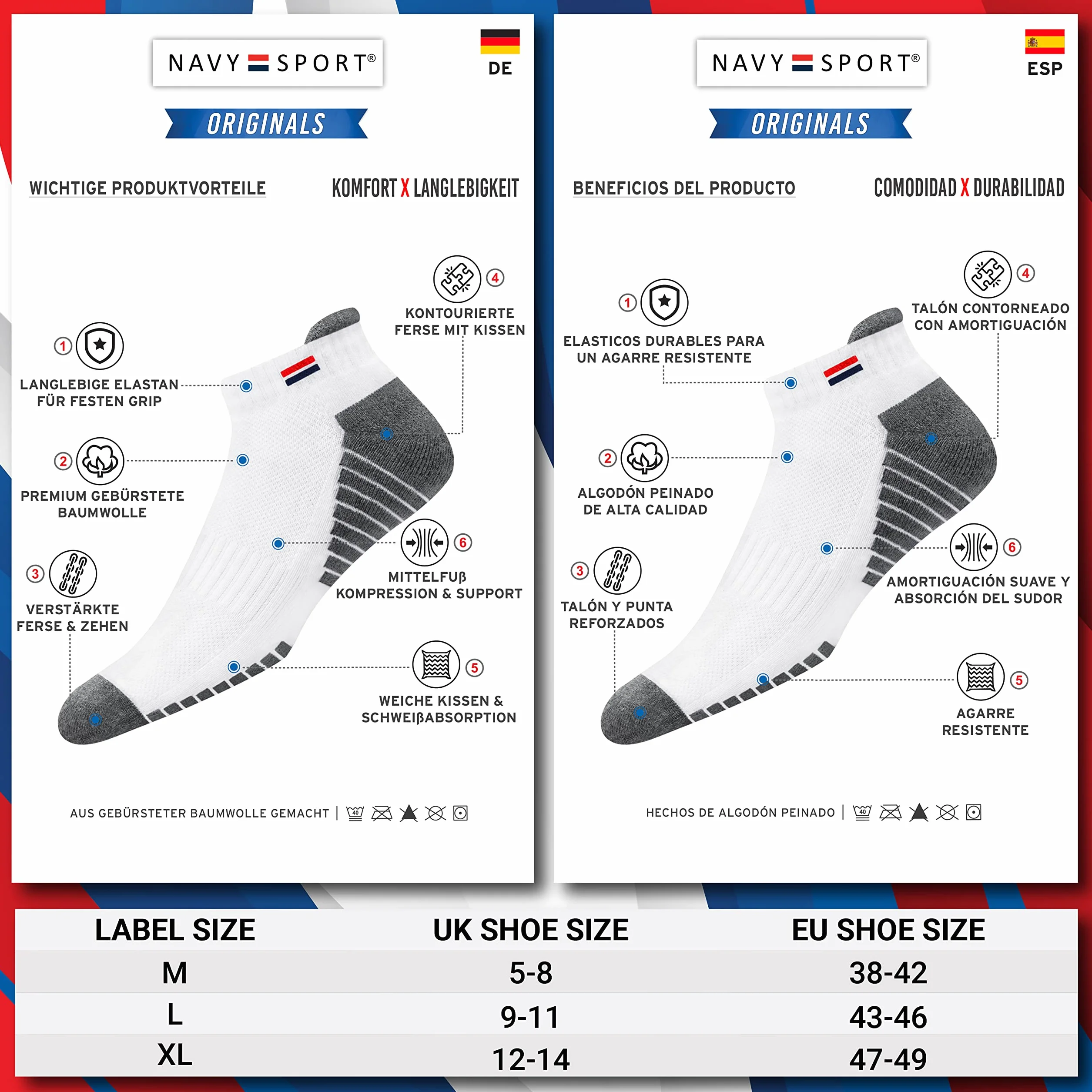 NAVYSPORT Chaussettes de Sport Basses Homme Coton Lot de 6 Paires Courtes