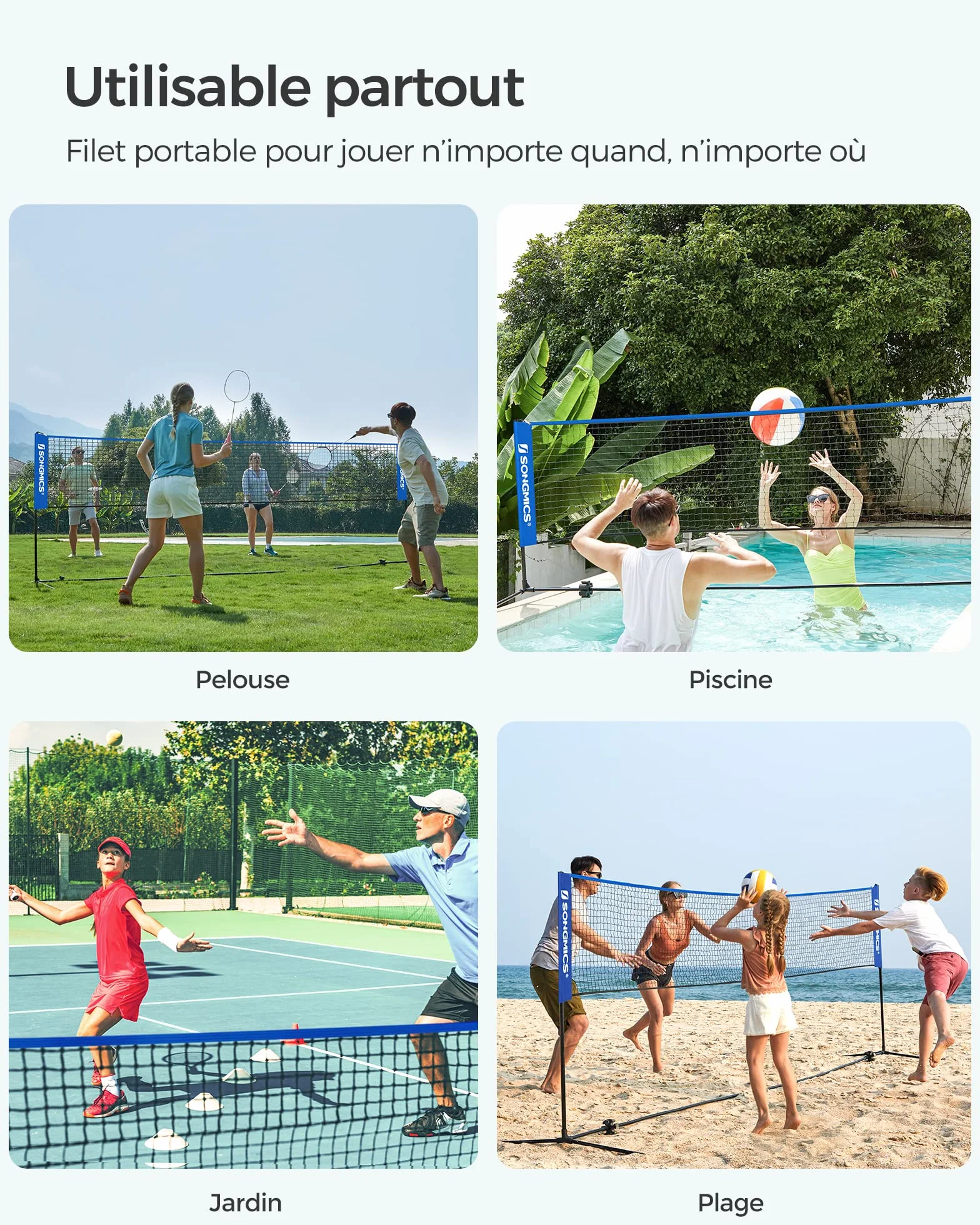 SONGMICS Filet de Badminton 3 m, Hauteur réglable, Ensemble Portable pour Volley-Ball
