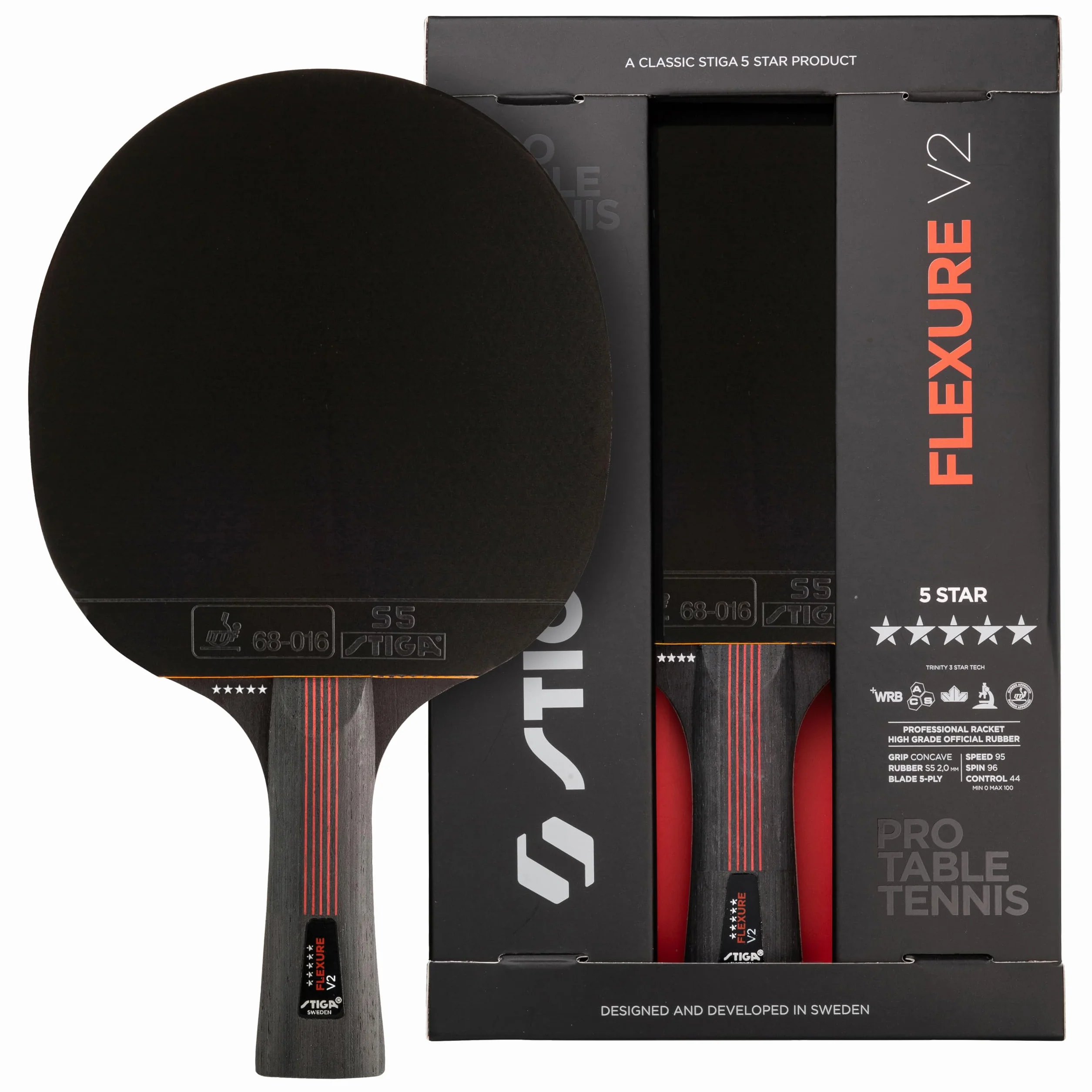 STIGA Flexure V2 Raquette de Ping-Pong 5 étoiles Revêtements STAR5 ITTF Prise Ergonomique
