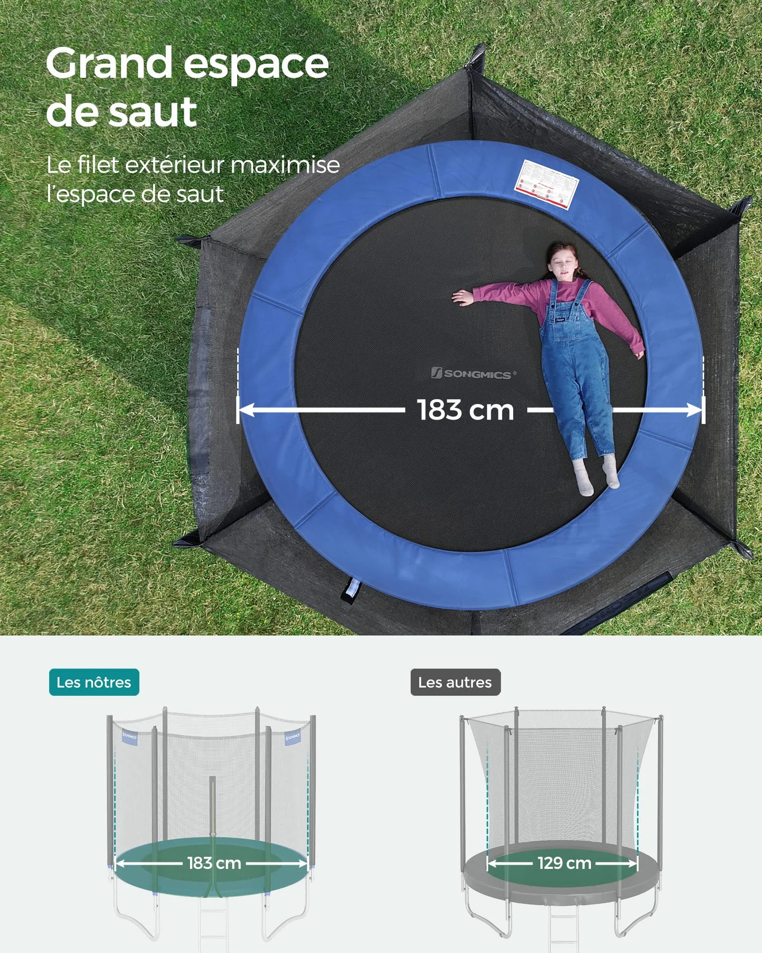 SONGMICS Trampoline Extérieur Enfant Diamètre 183-427 cm, Filet Protection, Coussins Sécurité, Échelle, Cadre Acier