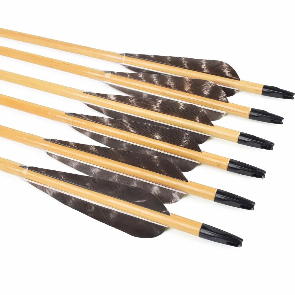Flèches en bois 81 cm 12 pièces plumes naturelles 10 cm pour tir à larc chasse arc traditionnel recurve long
