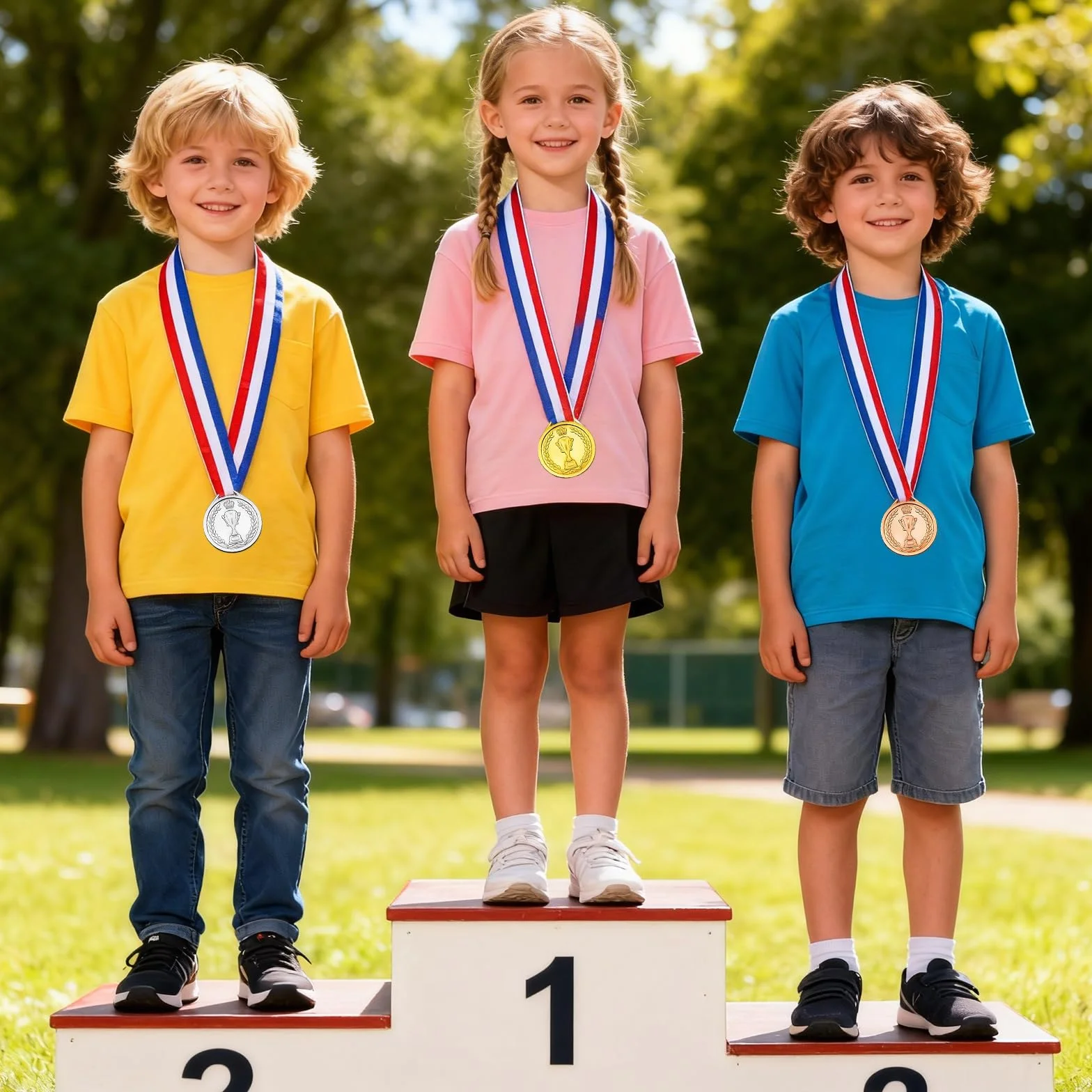 Lot de 30 Médailles Enfant avec Ruban Rouge Blanc Bleu 4,2x3,7cm pour Sport École Anniversaire