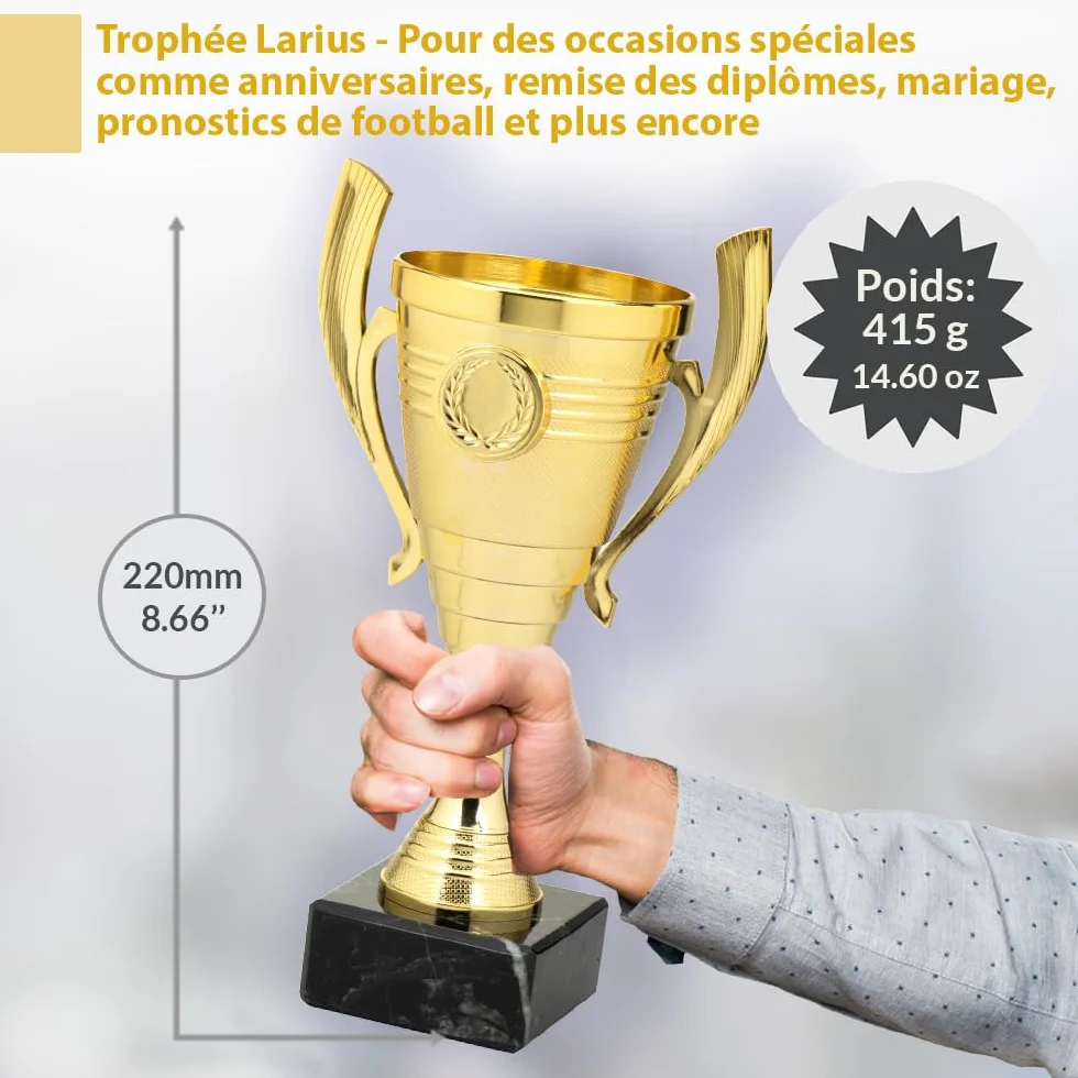 Larius Coupe 22 cm 415 g Trophée élégant universel socle marbre personnalisable sport école compétitions récompenses