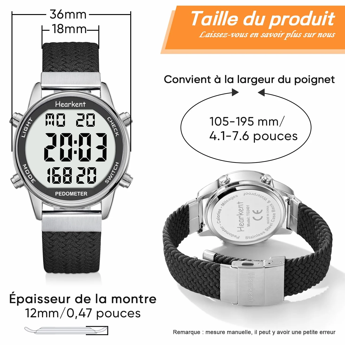 Montre podomètre Femme, Bracelet Nylon, comptage Pas Calories Distance Horloge rétroéclairage