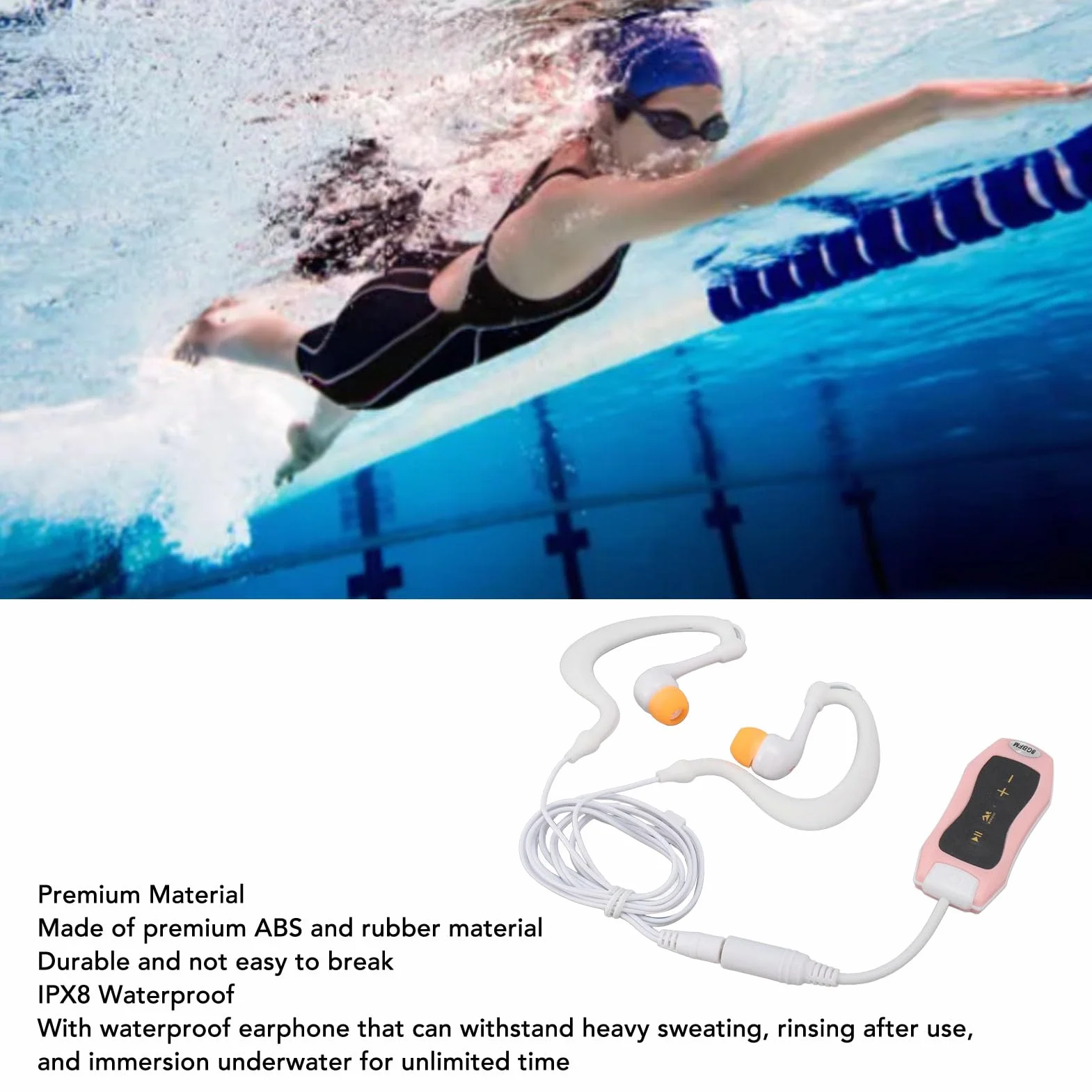 Lecteur MP3 étanche IPX8 pour Natation Rechargeable 8GB avec écouteurs sous-marins