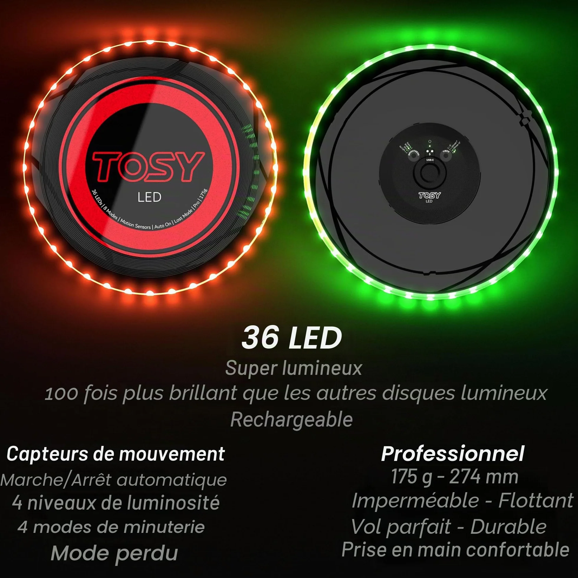TOSY Disque Volant 36 LED Frisbee 175g, Lumineux, Rechargeable, Auto on/Off