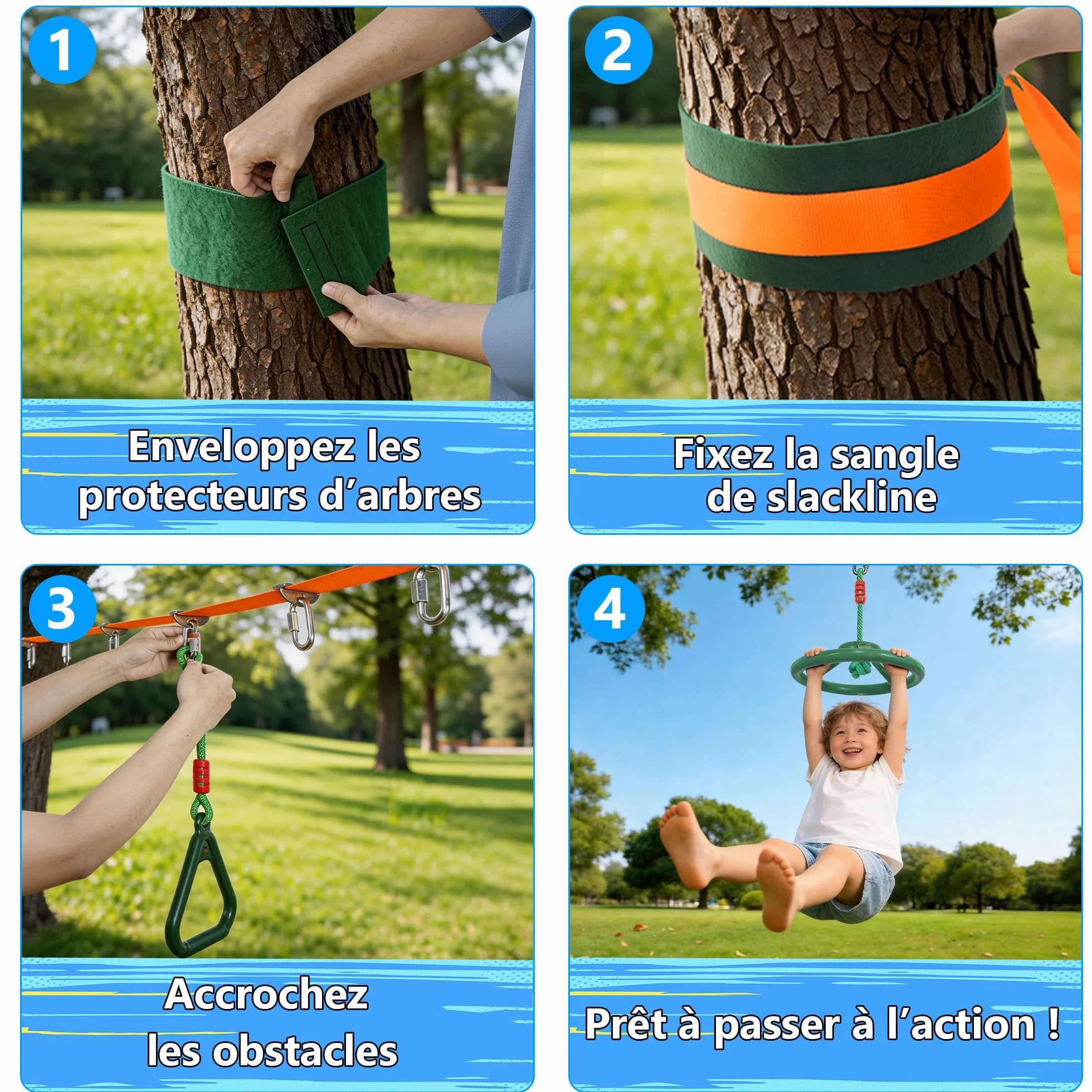 Slackline Kit pour Enfants 15M Ninja Parcours d'obstacles avec Échelles et Accessoires
