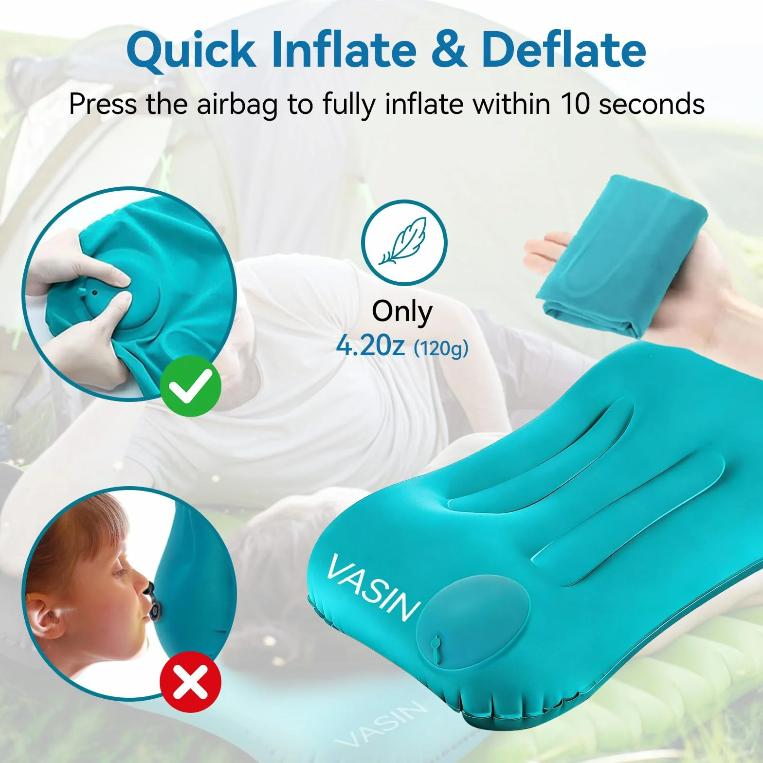 VASIN Oreiller Gonflable Camping 2 Pièces Portable Voyage Ultra Légers Ergonomie Coussin Plage Facile à Gonfler