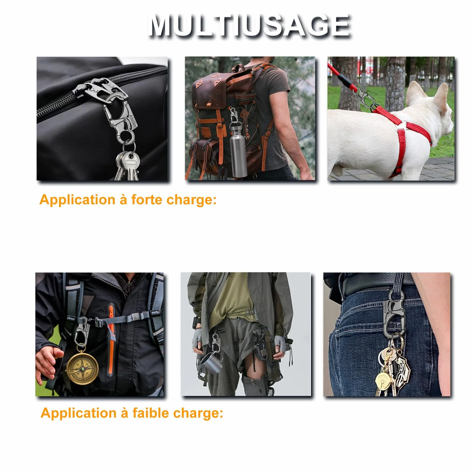 Ahiller Mousqueton Porte-Clés 7,6cm Double Verrouillage Alliage Robuste Pointe Acier Tungstène Camping Randonnée Survie