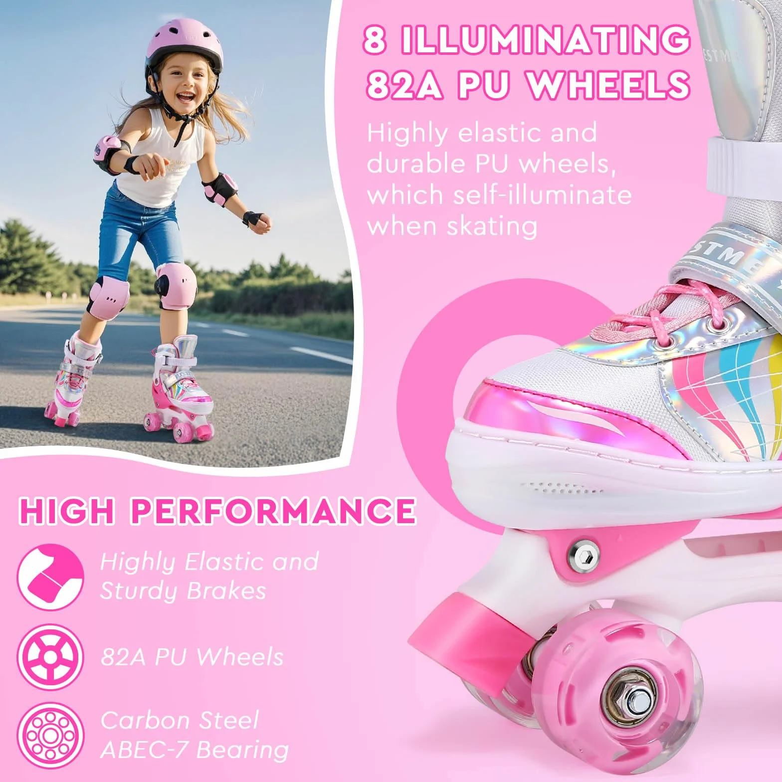 Roller Enfant Fille Patin à Roulettes Quad Taille Réglable Roues Lumineuses