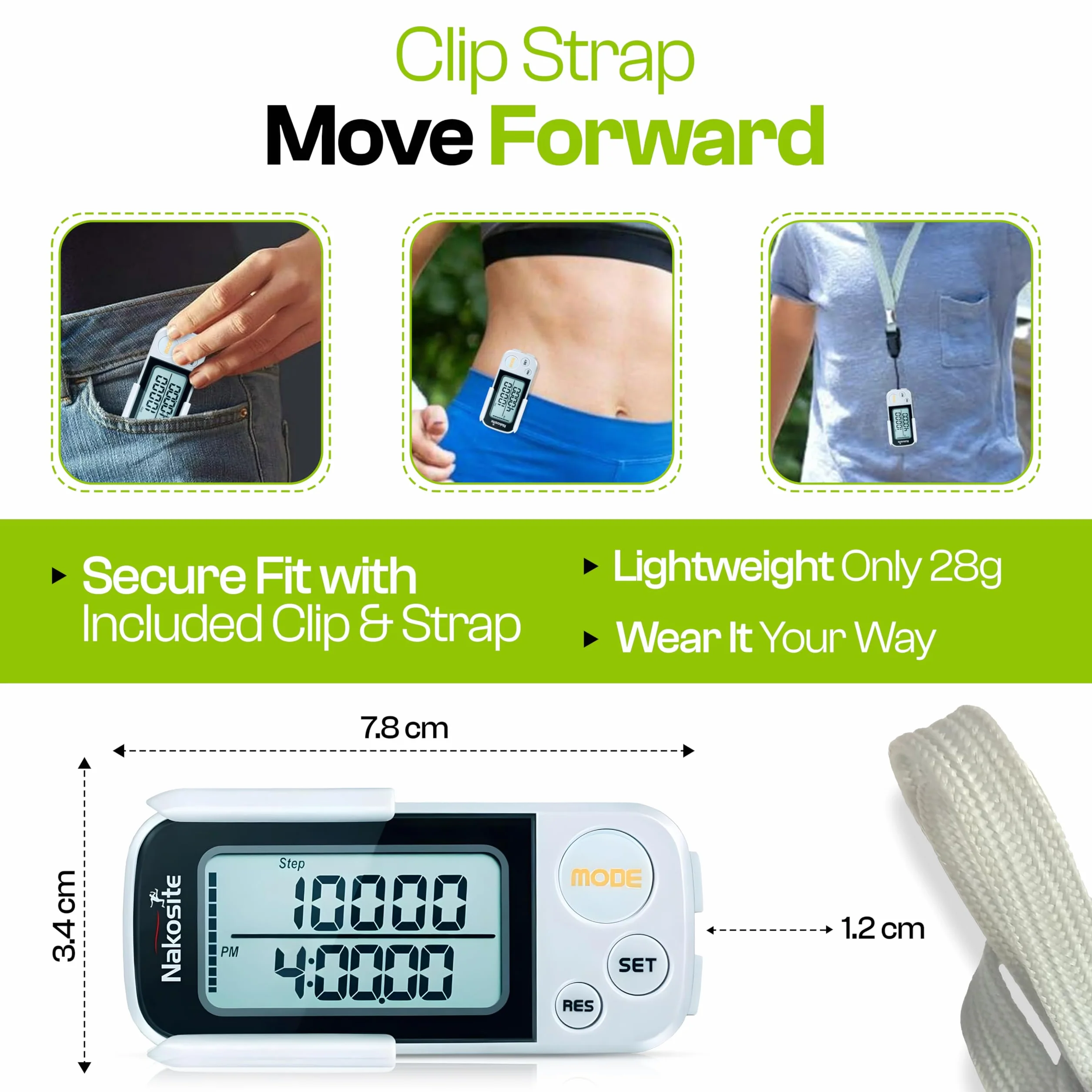 Podomètre Marche 3D avec Sangle et Clip, Compteur de Pas de Précision, Distance, Calories, Mémoire 30 Jours