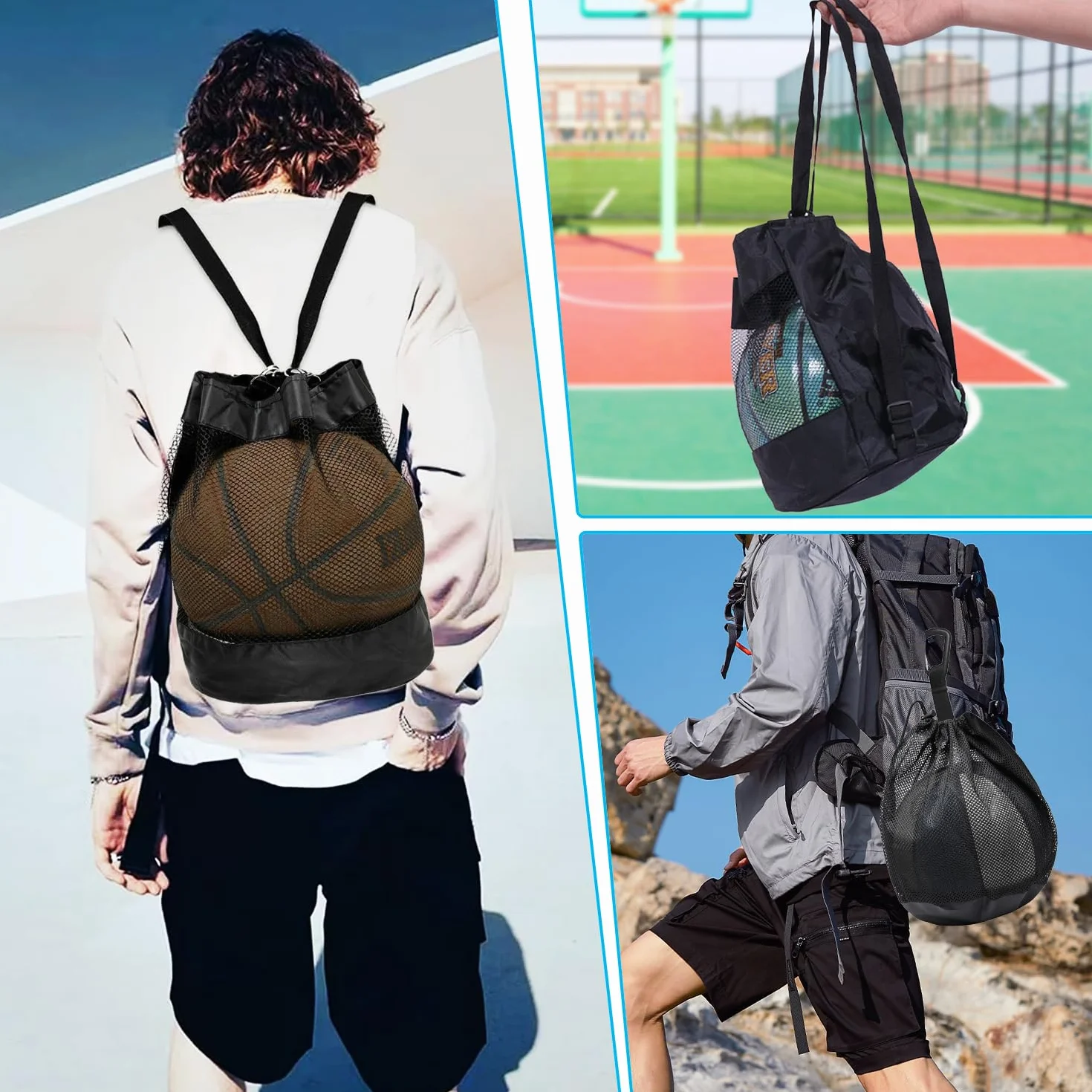 Sacs à Balles de Basket en Maille Oxford, Filet Pliable avec Poche Zippée pour Basketball, Football, Volley