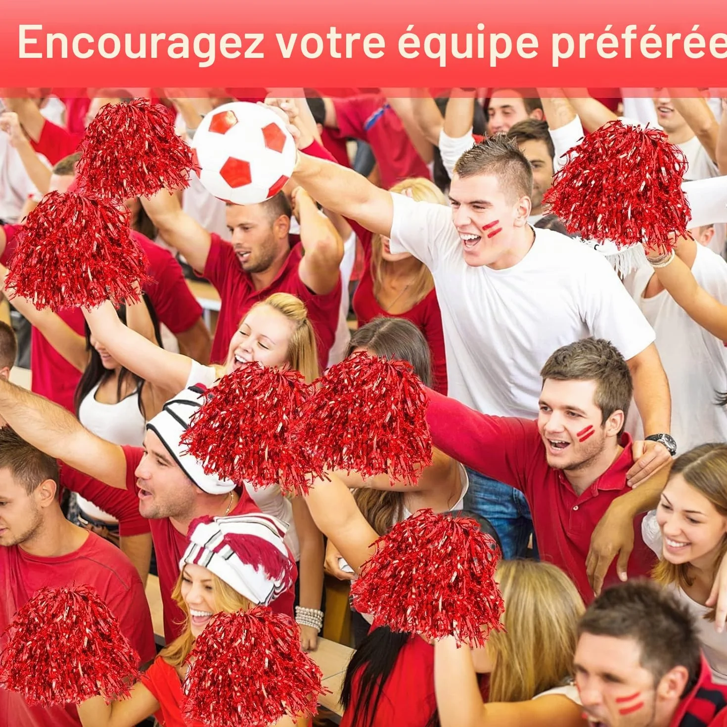 Lot de 2 pompons de pom-pom girl avec poignée rouge pour jeux de ballon, danse, fête