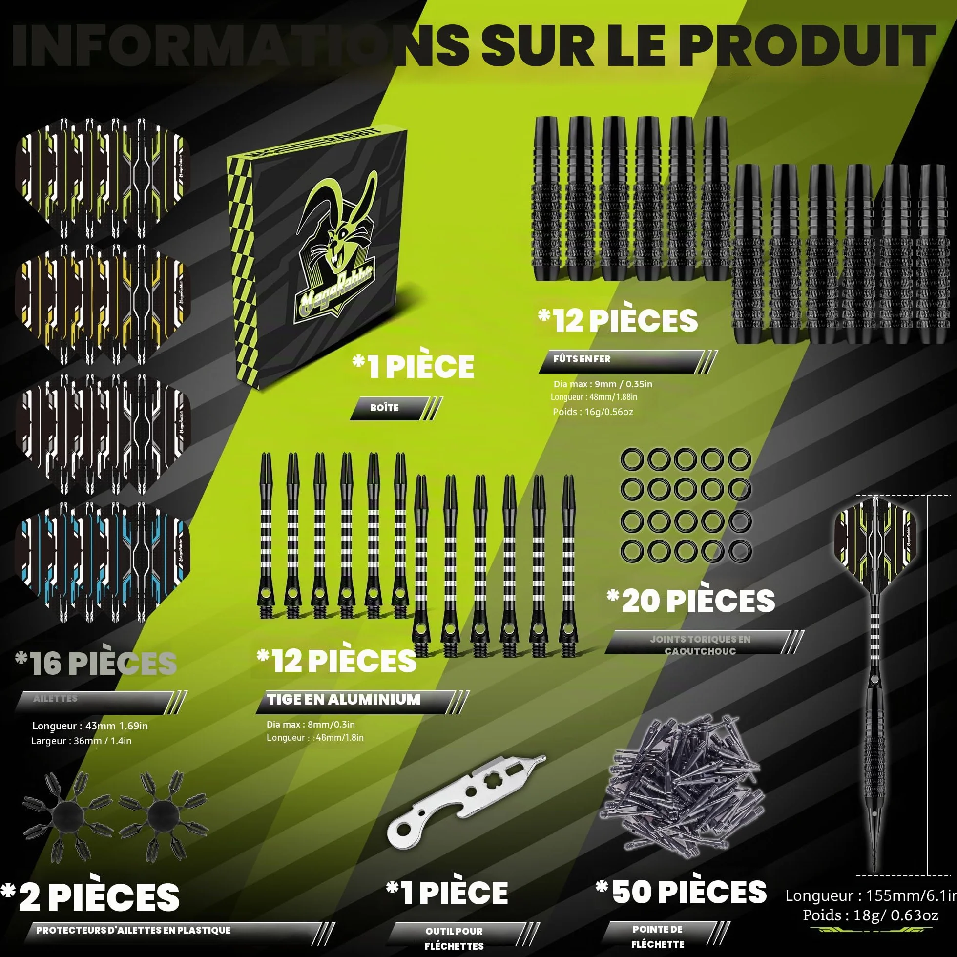 Fléchettes à pointe en plastique 18 g Lot de 12 avec 50 pointes supplémentaires