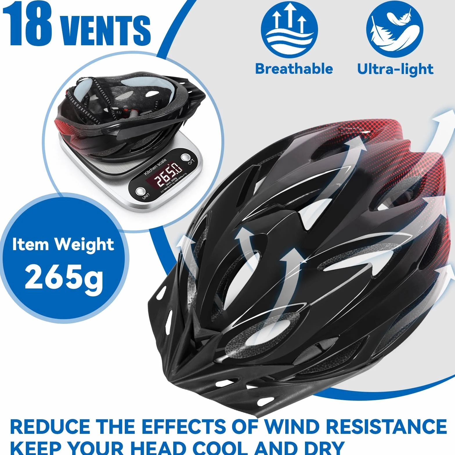 Casque de Vélo LED 3 Modes Léger Réglable Visière Amovible Taille 58-62 cm