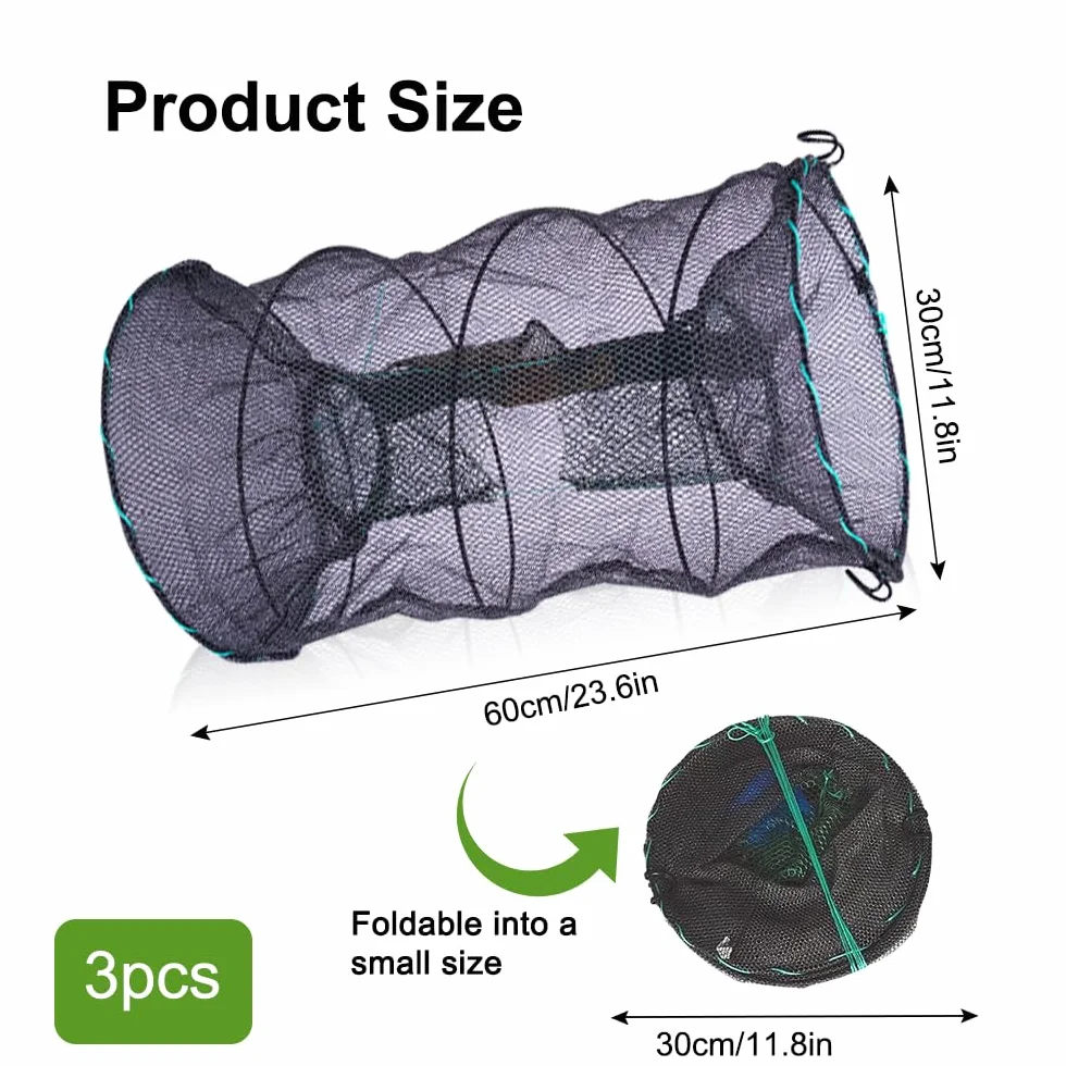 Piège à Poisson Pliable 3 PCS Nasse à Écrevisses en Nylon 30x60cm avec Fermeture éclair Portable Casier à Crabes