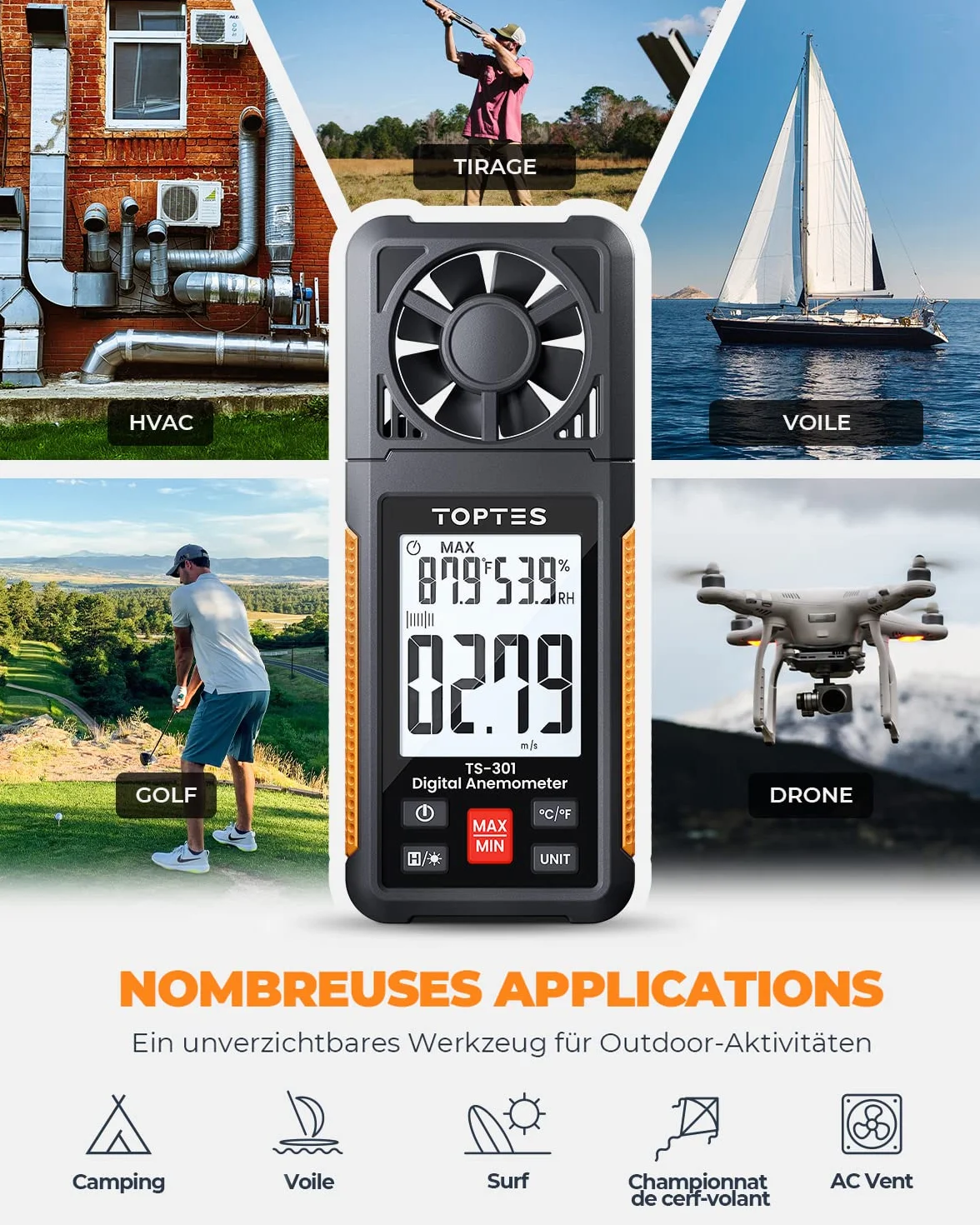 TopTes TS-301 Anémomètre numérique avec écran LCD 2,26 pouces, Débitmètre d'air pour HVAC