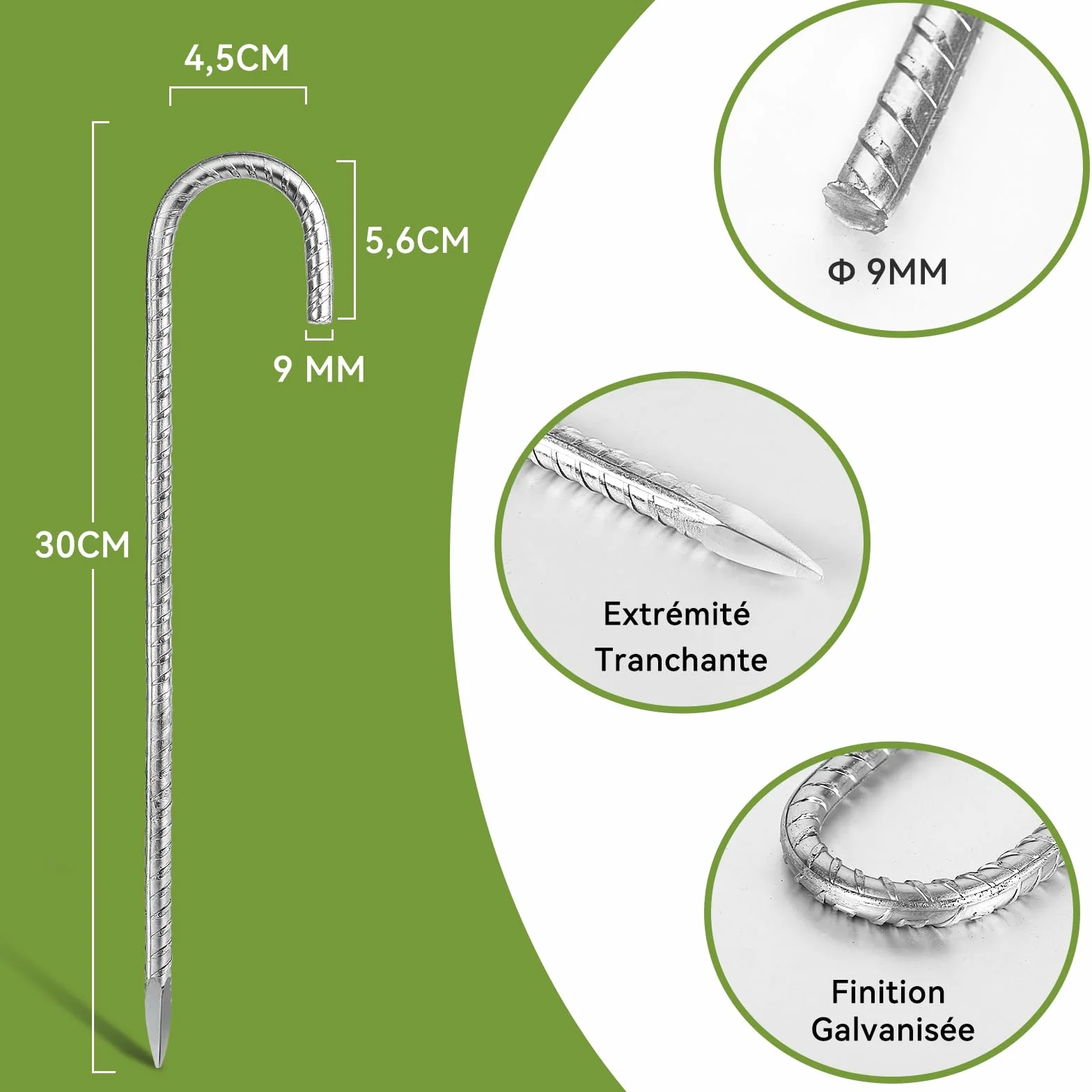 Piquets d'ancrage en Acier Galvanisé 30cm 6Pcs avec Crochets en J pour Tente Trampoline