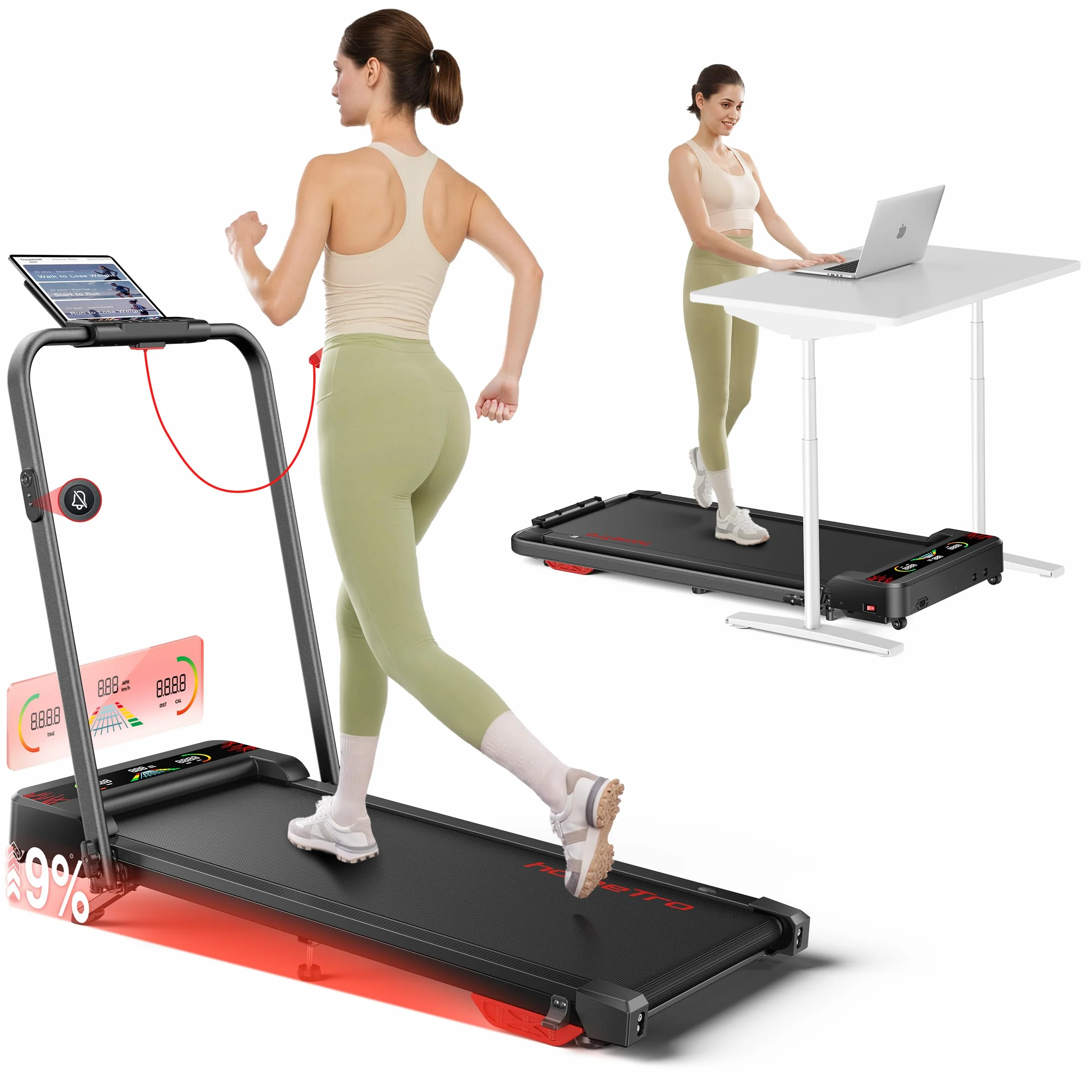 Tapis de Course Pliable 5-en-1 avec LED Motivantes, Inclinable 9%, Moteur Silencieux, Double Écran LED, 1-12 km/h, Compact Walking Pad 120kg