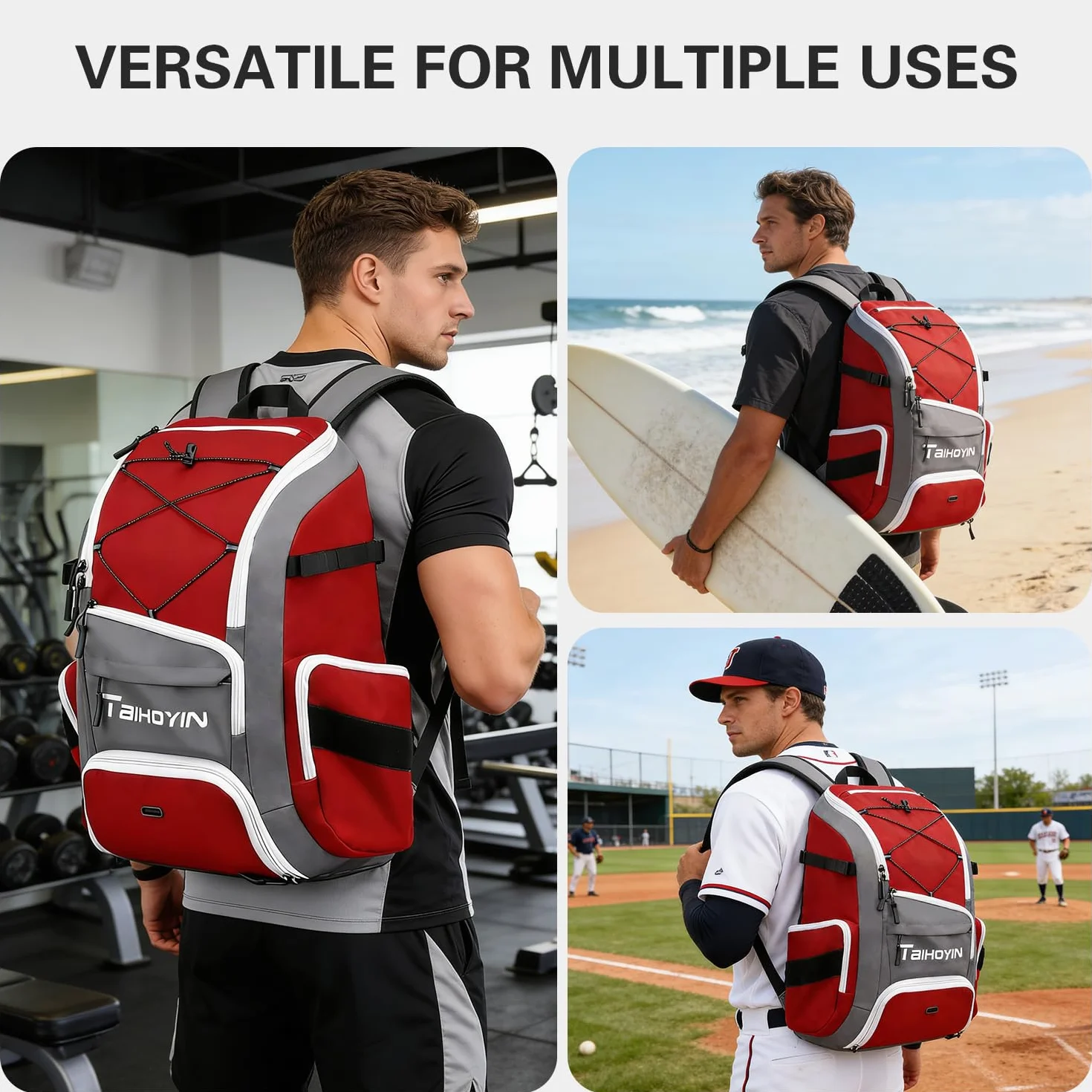 Sac à dos de baseball pour équipement, batte, gants, casque et accessoires, grand compartiment principal