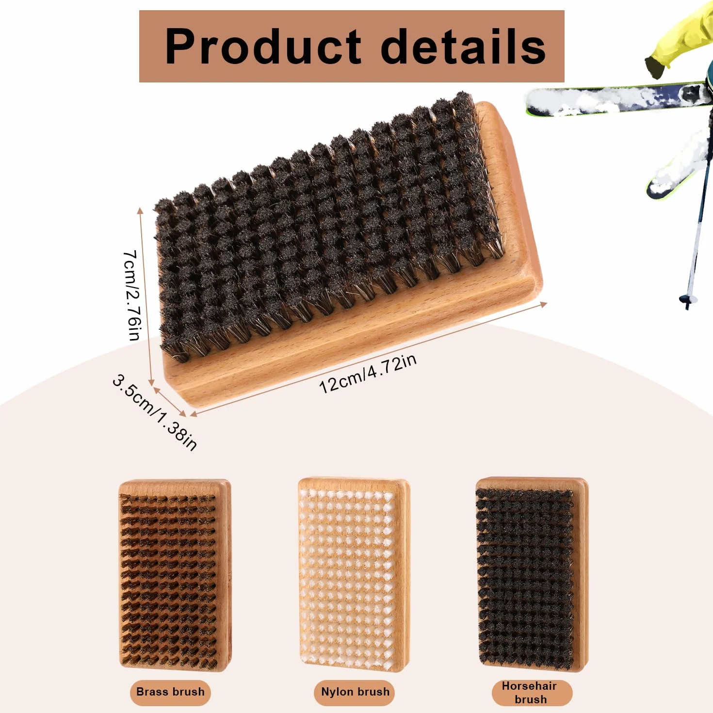 Kit de Brosses à Cire pour Snowboard 12x7x3,5cm Brosse Nylon Laiton CRIN de Cheval