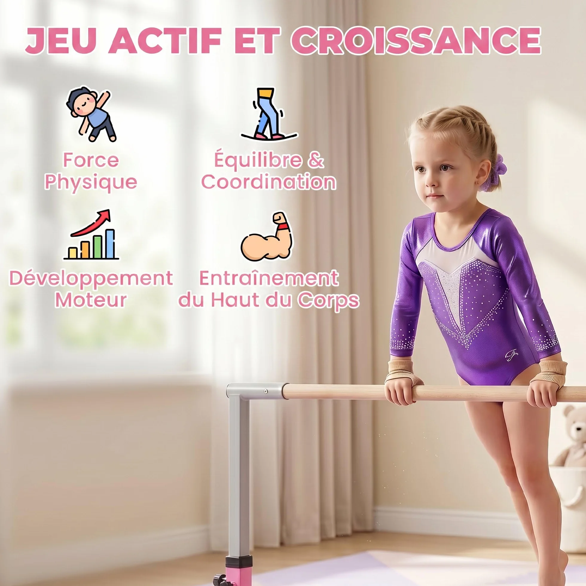 HOMCOM Barre Fixe de Gymnastique Enfant Hauteur Réglable 13 Niveaux 92-150 cm Acier Bois de Hêtre Antidérapant