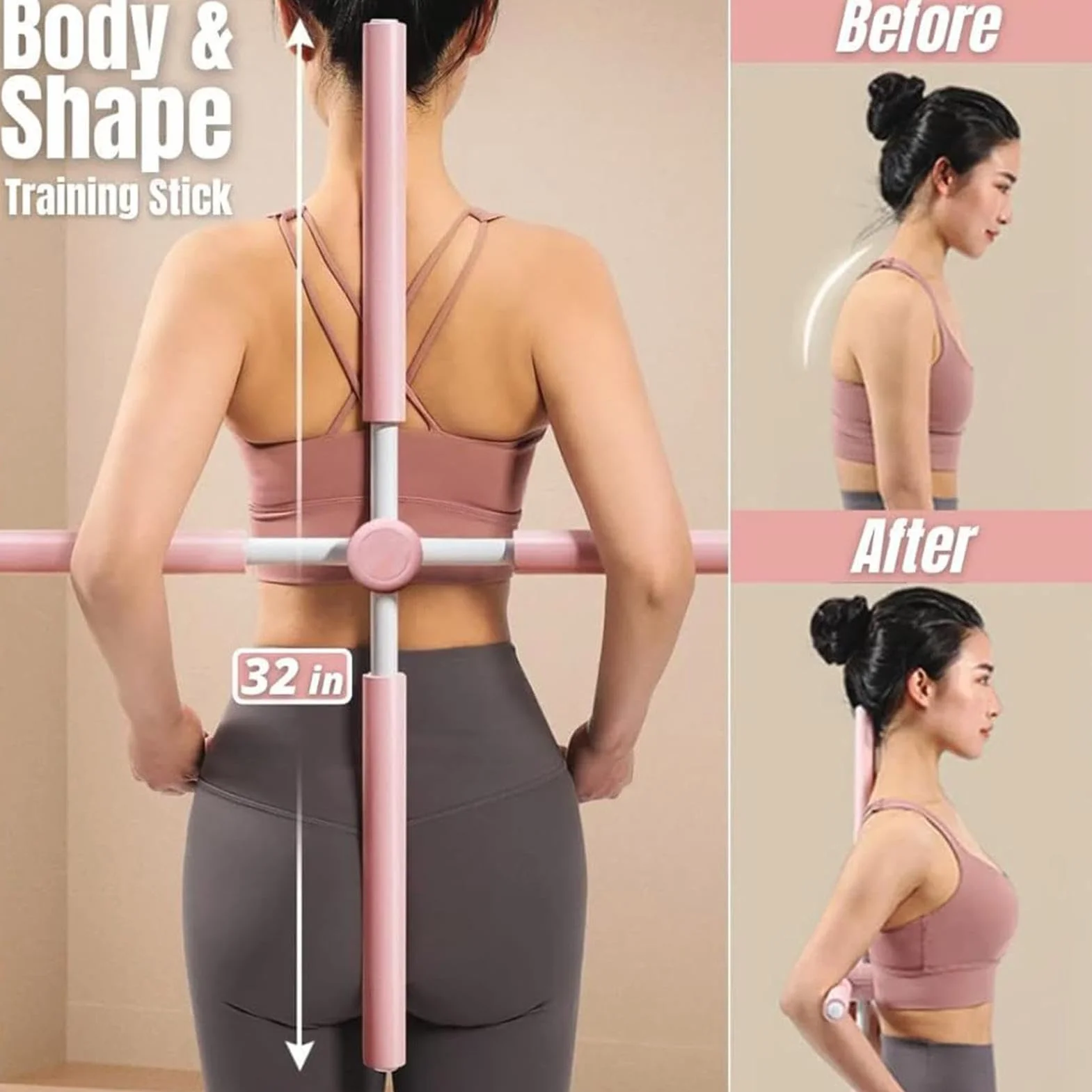 Correcteur de posture bâton de yoga en acier inoxydable mousse ABS – Barre d'entraînement anti-rondeur dos cou pour femmes