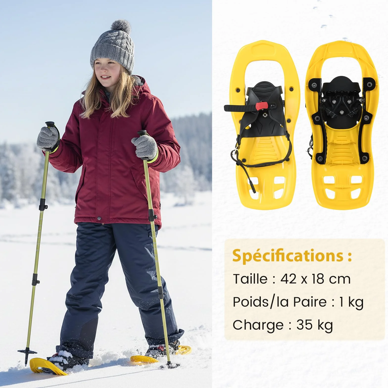 COSTWAY Raquettes à Neige Légères avec Bâtons Trekking Fixations Cliquet Réglables Pointure 26-38/35-45 Charge 90 kg