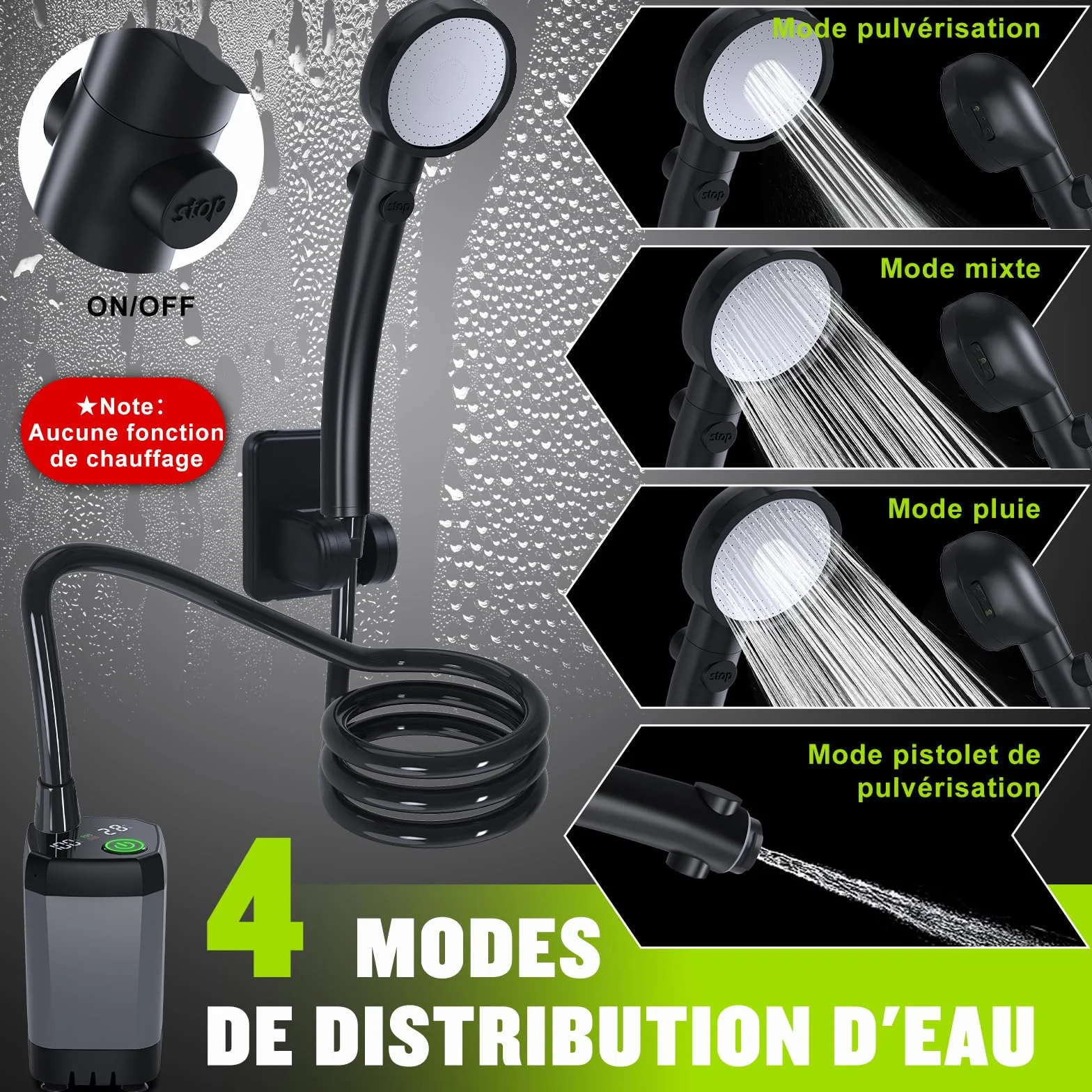 Pompe de Douche Électrique Rechargeable Imperméable Kit Douche de Camping Portable avec Afficheur Intelligent Pomme de Douche 4 Modes
