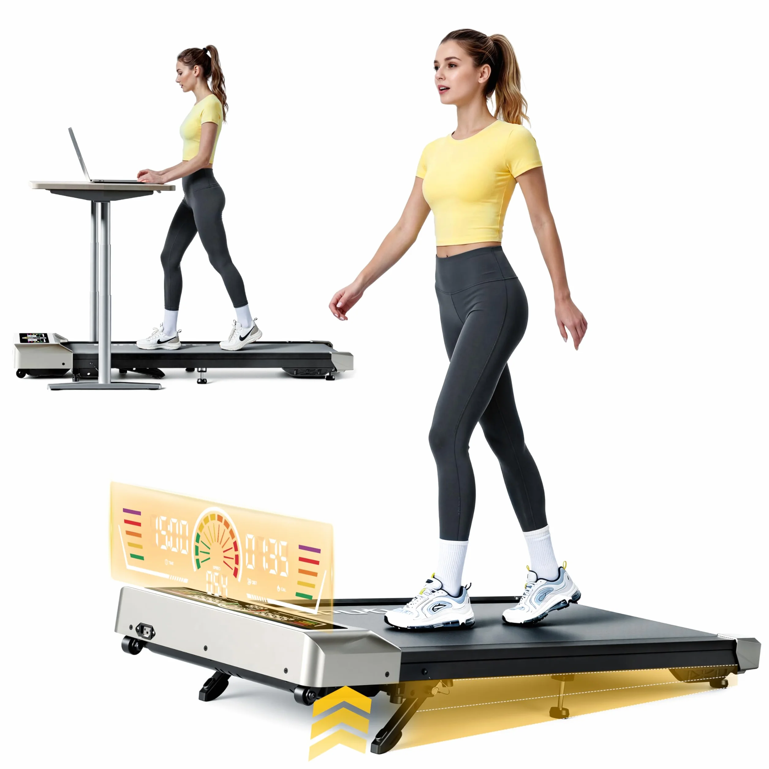 Tapis de Course électrique 2 en 1, 3.0 HP, Pente 0-5-10%, Vitesse 1-10 km/h, Compact sous Bureau