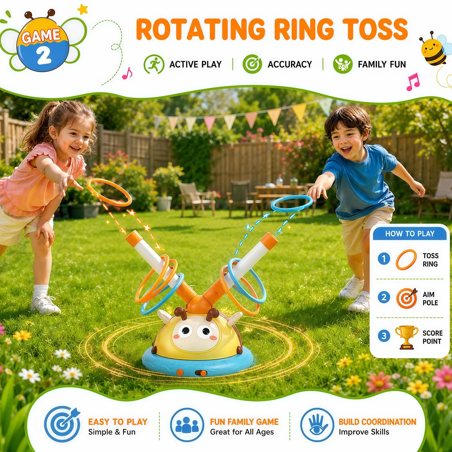4 en 1 Jeux Extérieur Enfant Fusée, Corde à Sauter, Lancer d'Anneaux, Base-Ball, Jouet Extérieur avec Télécommande Cadeaux Garçons Filles 3-10 Ans