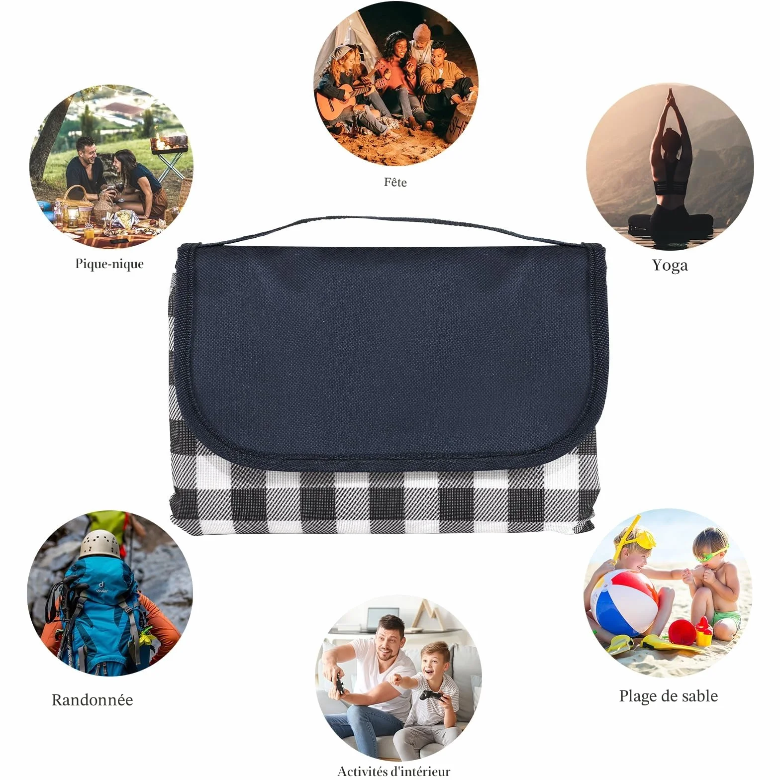 Grande couverture de pique-nique imperméable 200x300 cm pliable avec poignée lavable en machine (grille bleue)