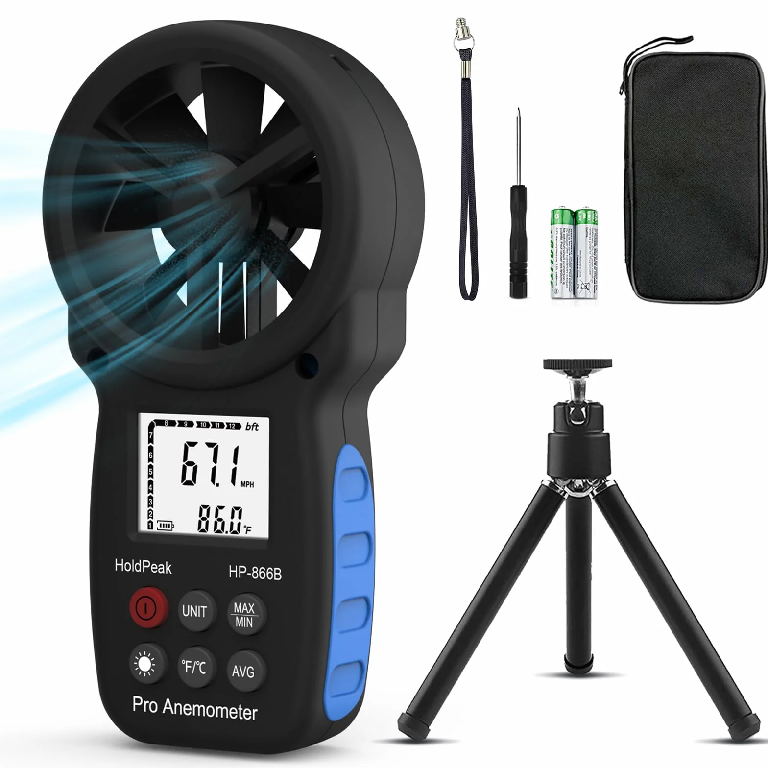 HOLDPEAK Anémomètre portable compteur de vitesse du vent avec rétroéclairage max/min/moyenne