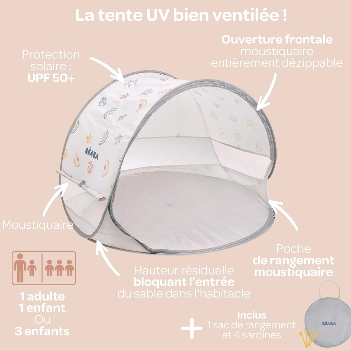 BÉABA Tente de Plage Anti UV Bébé UPF50+ Protection Solaire Pop-UP avec Ventilation 360° Moustiquaire