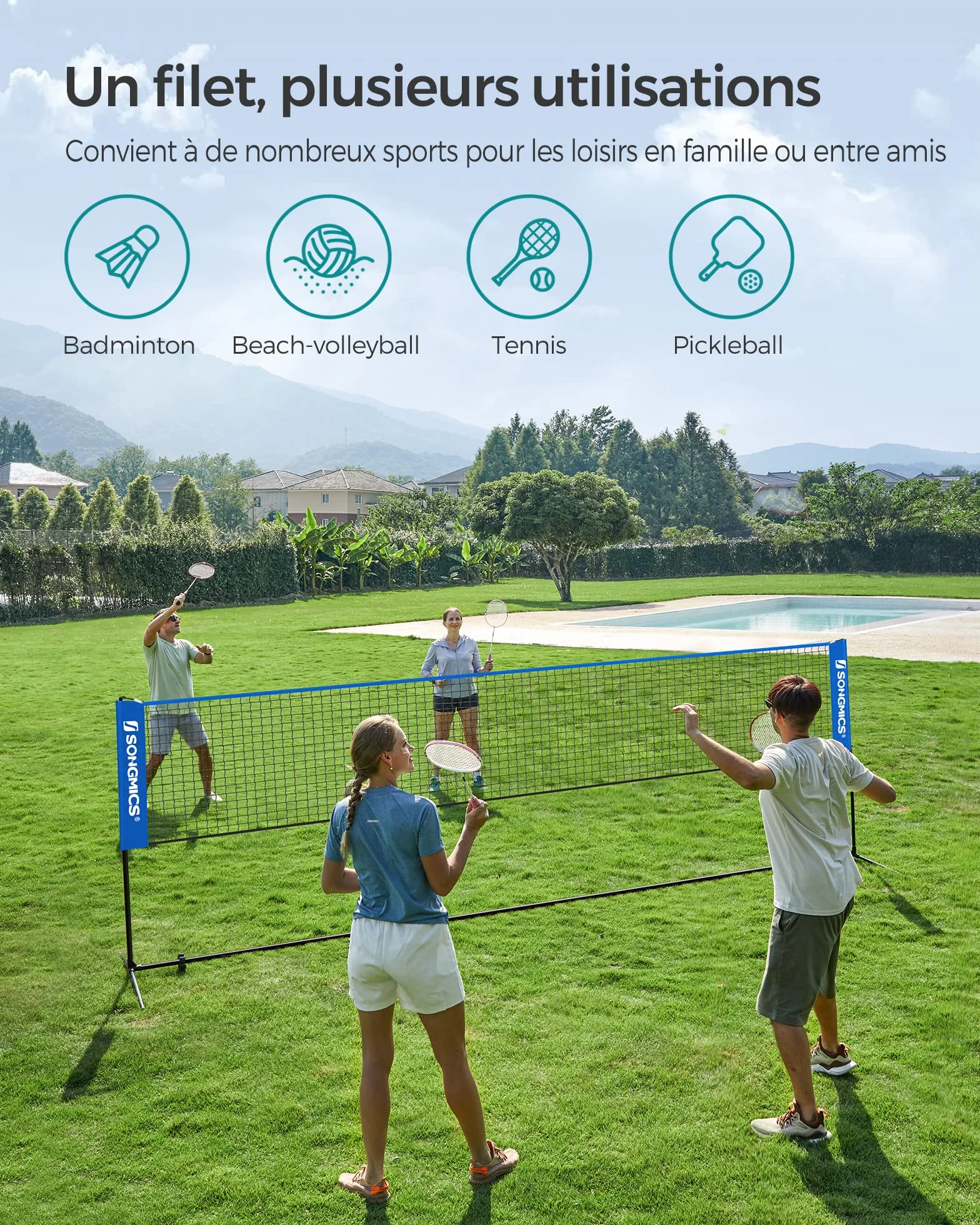 SONGMICS Filet de Badminton 3 m, Hauteur réglable, Ensemble Portable pour Volley-Ball