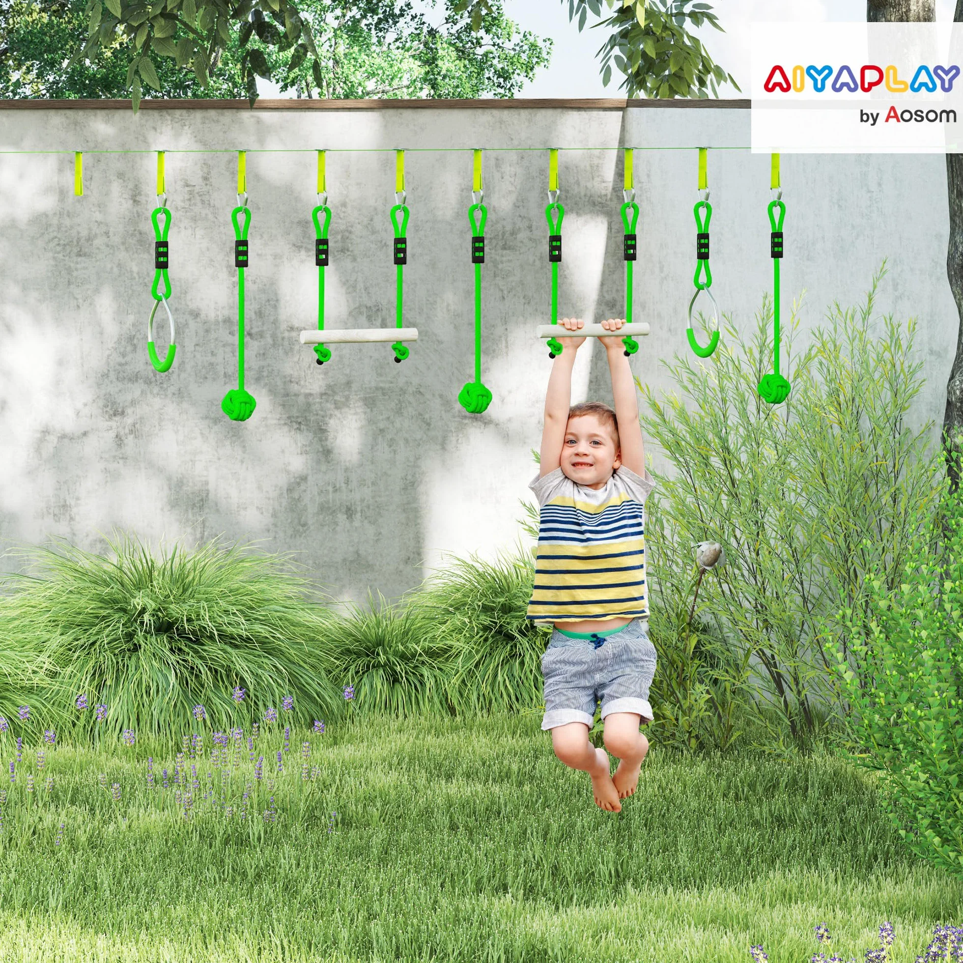 AIYAPLAY Parcours d'obstacles Ninja pour Enfants 10 m 50 kg Slackline Sac de Transport Bois de Sapin PP Vert