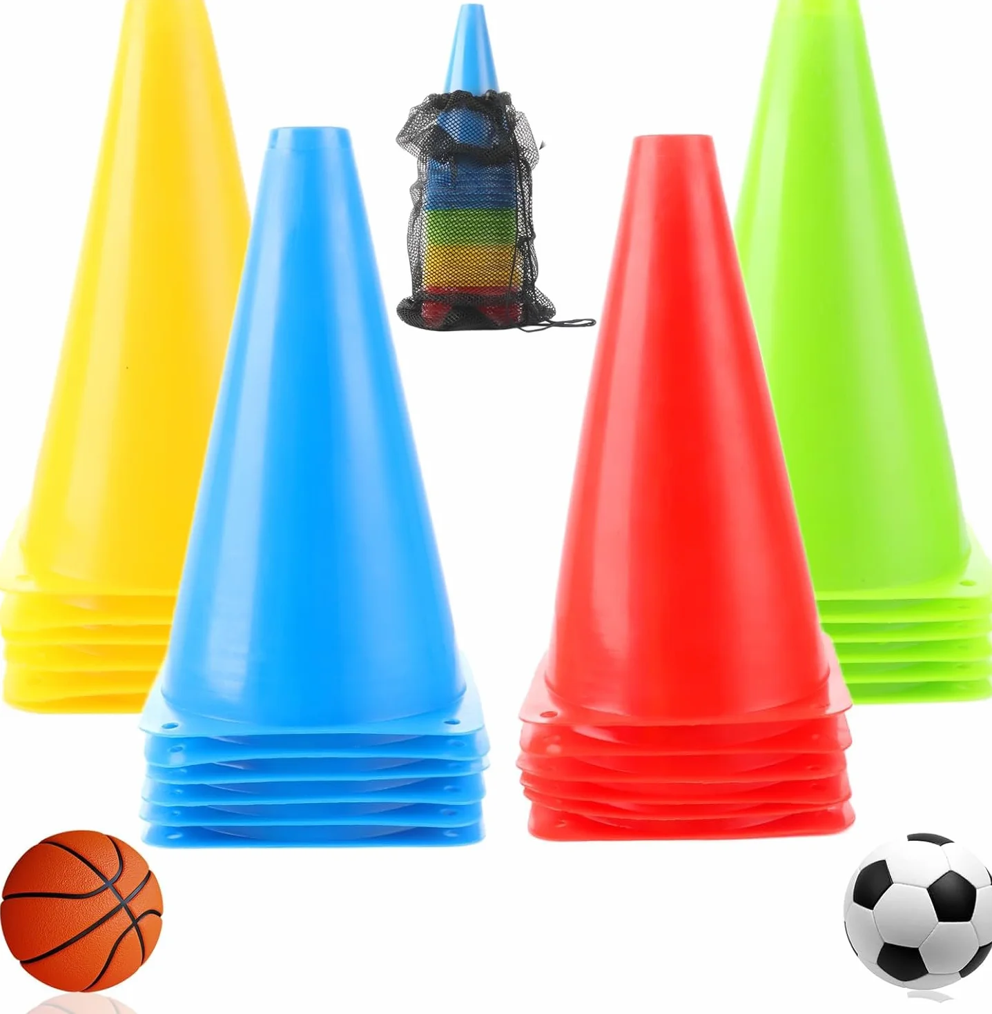 AKOLAFE Lot de 24 Cônes d'Entraînement 23x13.5cm LDPE Souple Incassable 4 Couleurs avec Sac de Transport