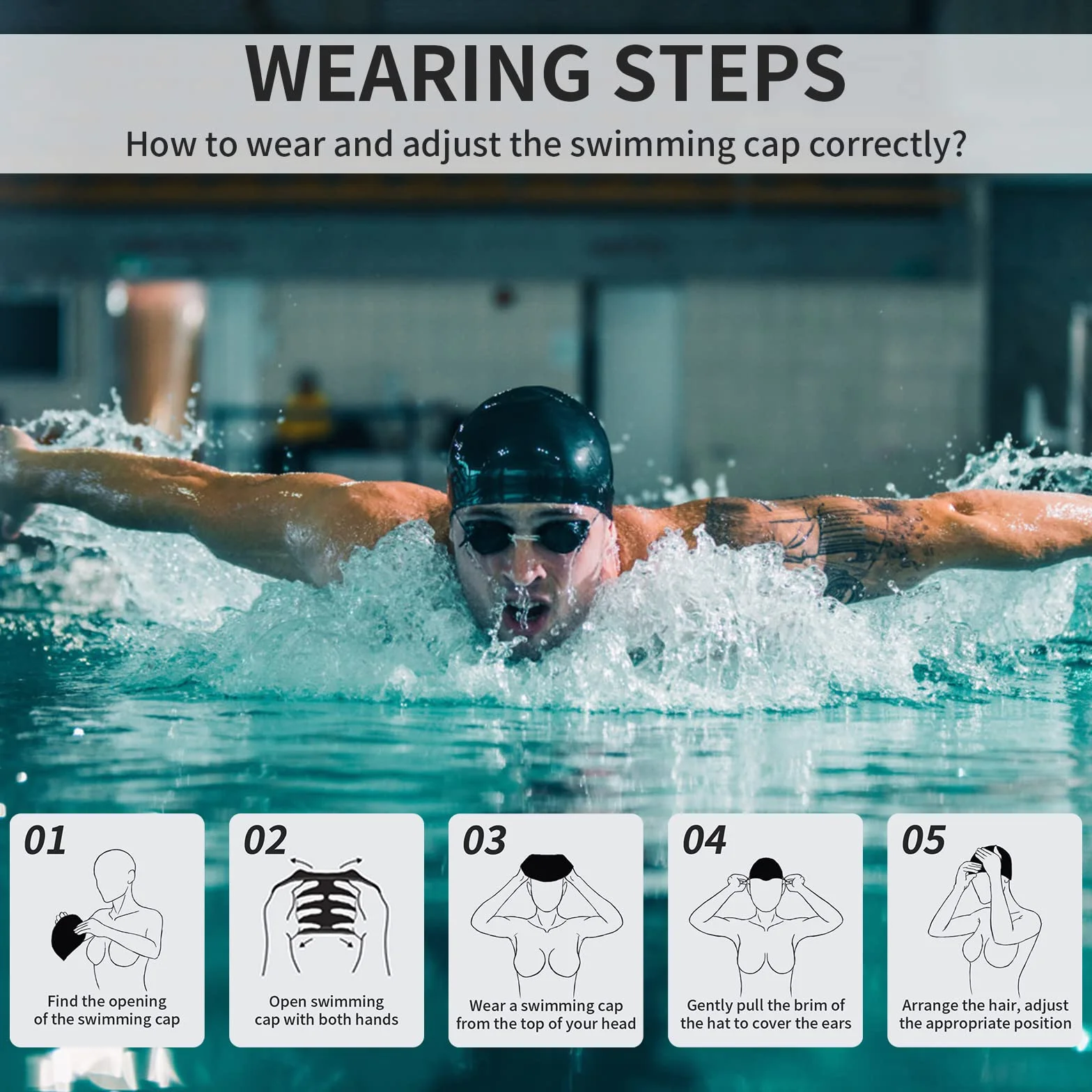 Newaner Bonnet de Bain en Silicone pour Cheveux Longs, Protection Auditive, Revêtement Ripstop, Noir