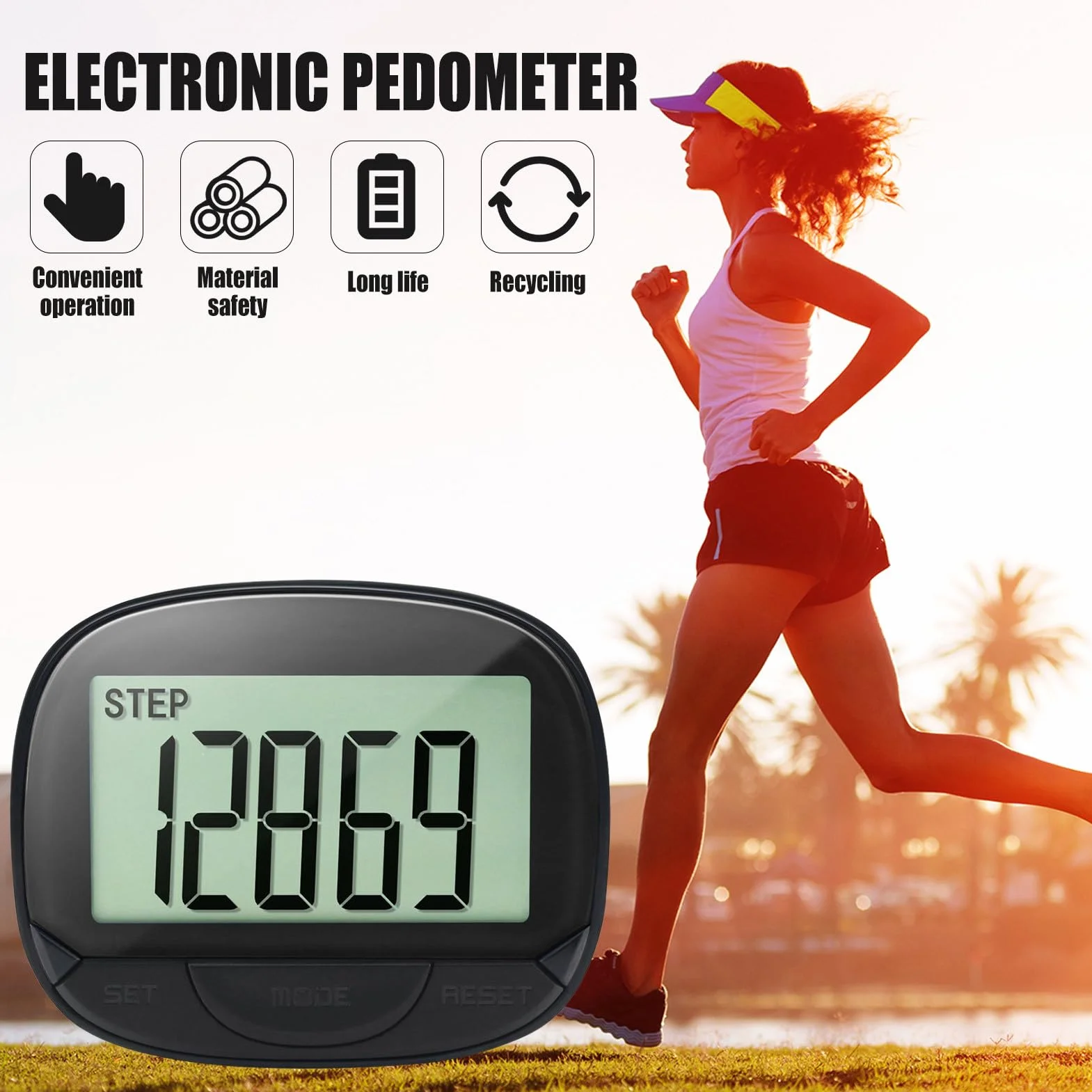 Podomètre numérique 55 mm avec horloge, compteur de pas précis, distance, calories
