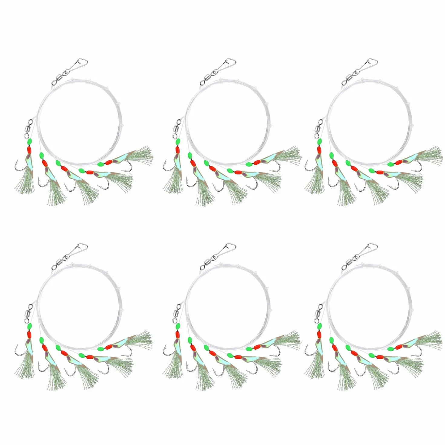 Lot de 6 Bas de Ligne à Plumes de Maquereau Pré-noués avec Perles Lumineuses Appâts Bioniques