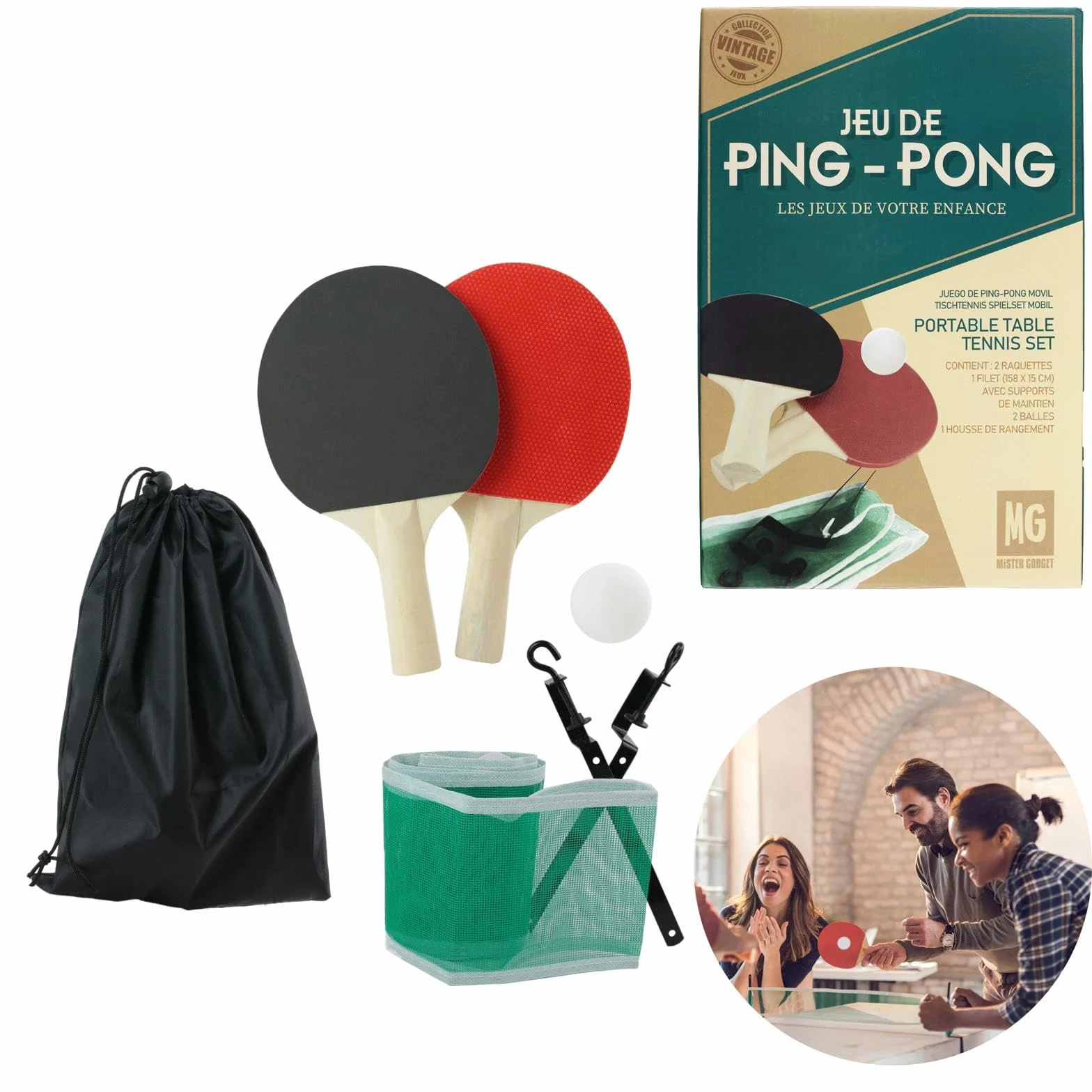 MISTER GADGET MG3072 Jeu de Ping Pong Mobile Compact Filet 2 Raquettes 2 Balles Housse de Rangement
