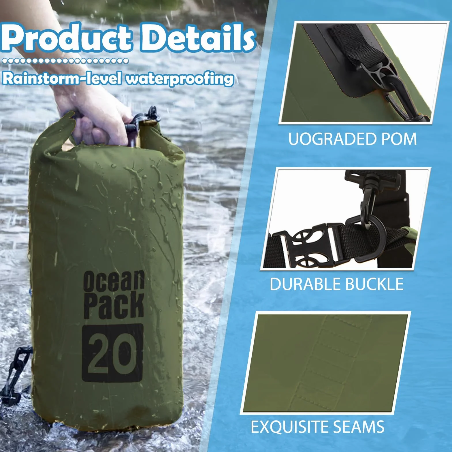 15L Sac étanche Polyvalent Vert Sauge, Waterproof Dry Bag avec Bandoulière Réglable pour Bateau Kayak Camping