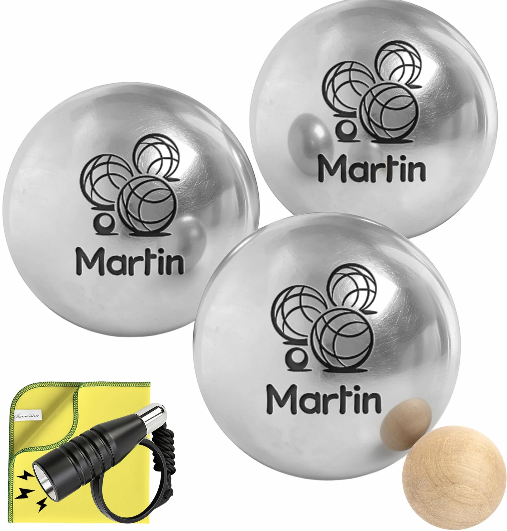 Boule de pétanque personnalisée Triplette 550g gravée - Lot de 3 Boules et 1 cochonnet