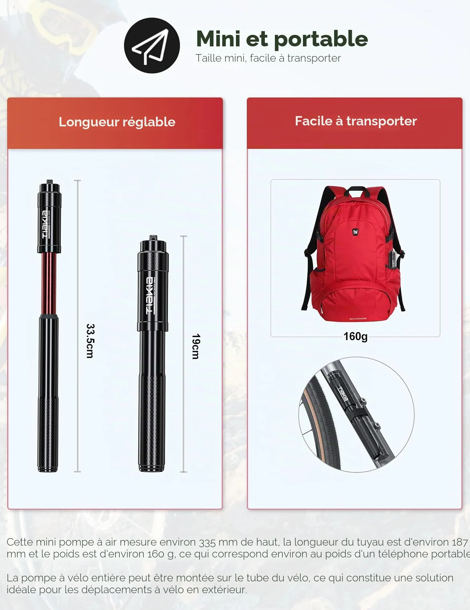 Tiakia Pompe à Vélo Haute Pression 260PSI Compacte Légère avec Support Valve Presta Schrader Dunlop
