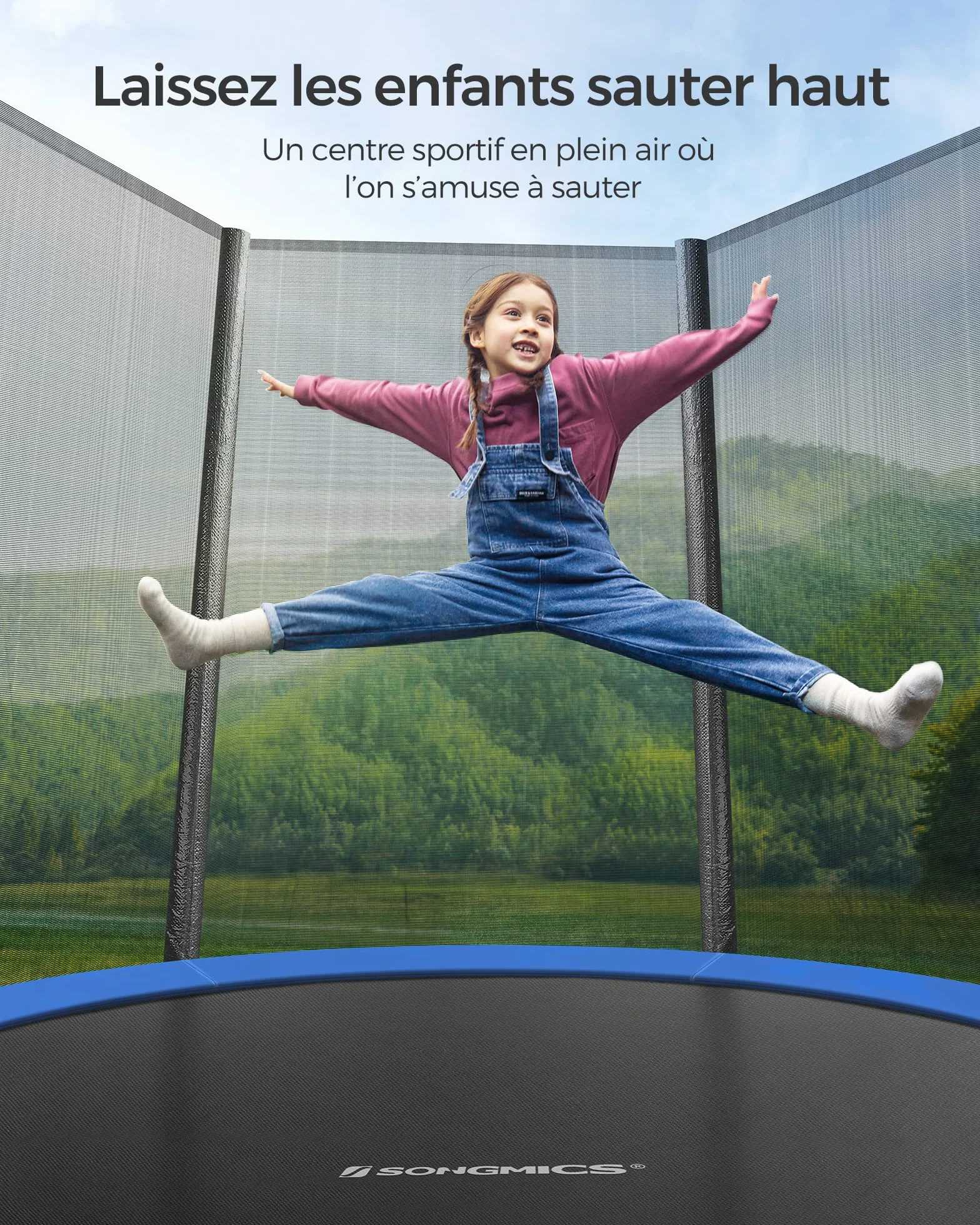 SONGMICS Trampoline Extérieur Enfant Diamètre 183-427 cm, Filet Protection, Coussins Sécurité, Échelle, Cadre Acier